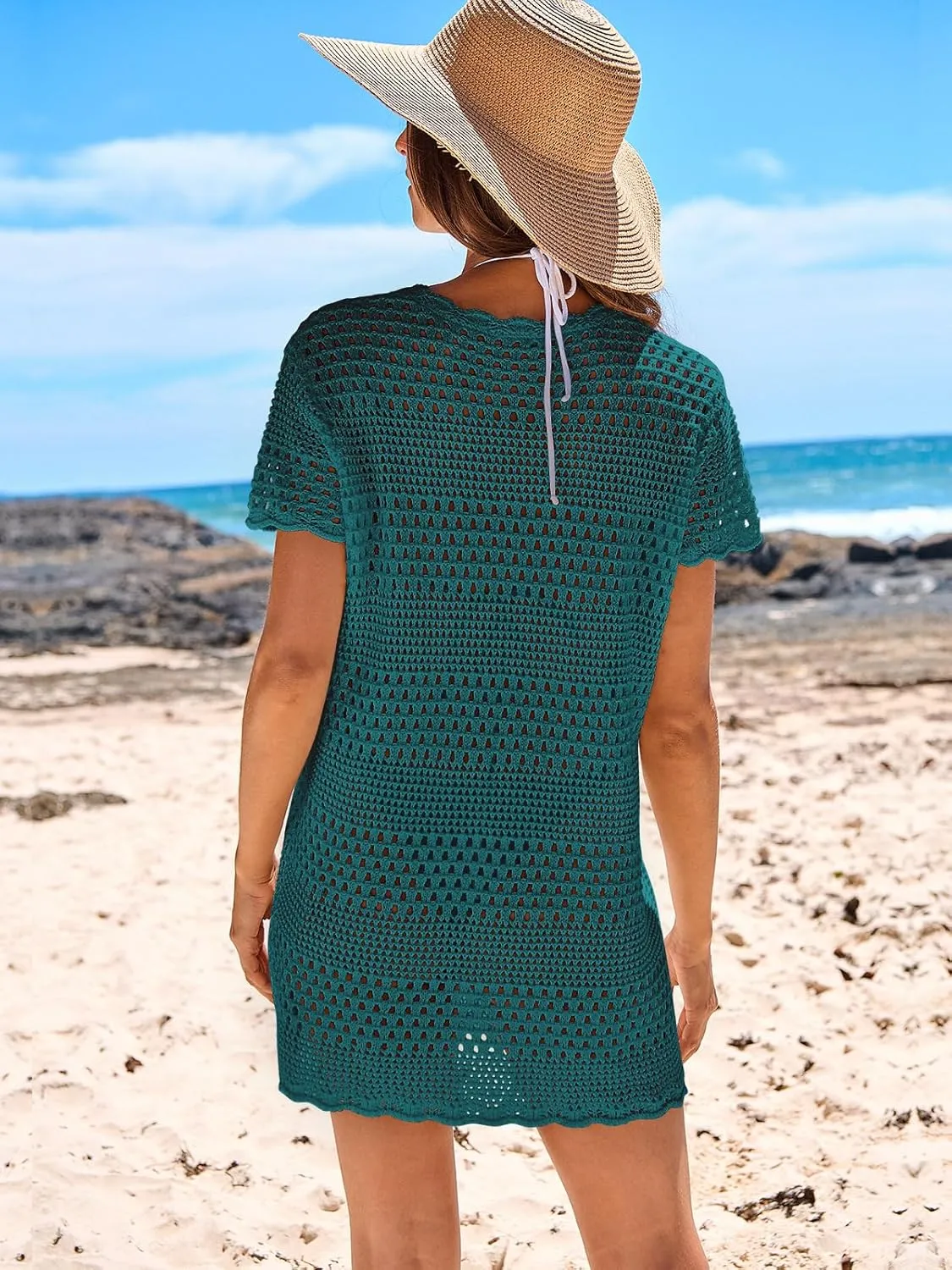 ANRABESS Swimsuit Cover Up for Women 2025 Crochet Bathing Suit Swimwear Mesh Knit Beach Dress Summer Vacation Outfit Clothes