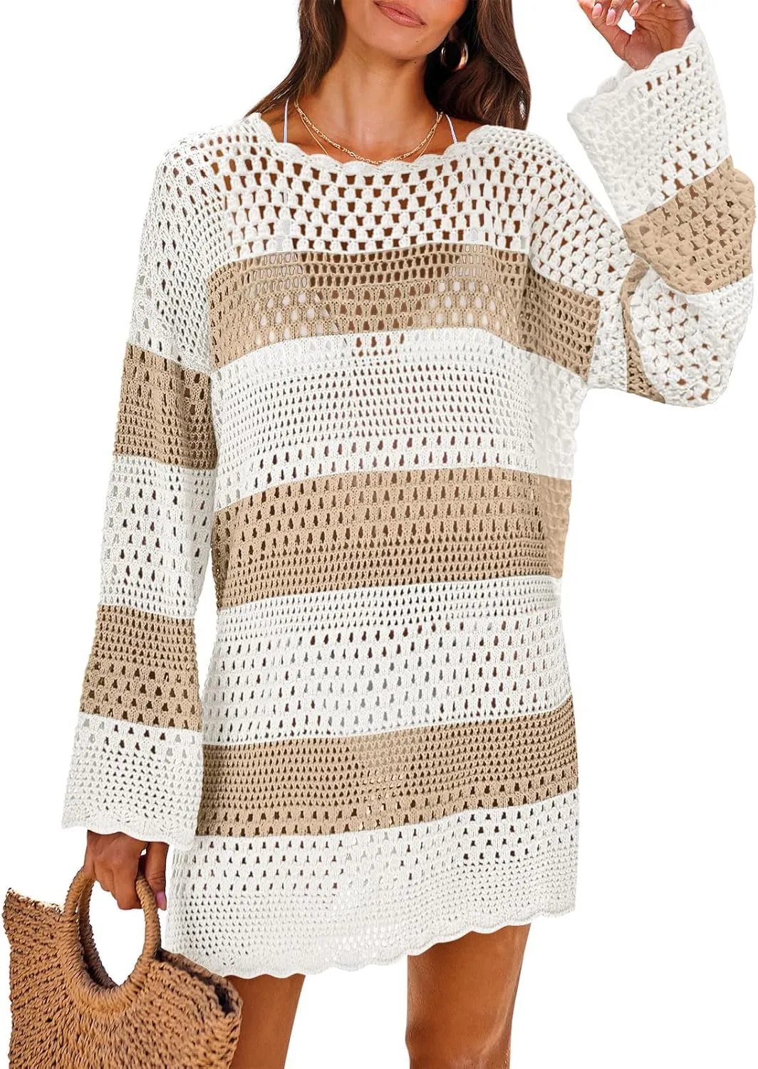 ANRABESS Women Swimsuit Crochet Swim Cover Up 2025 Summer Bathing Suit Swimwear Mesh Knit Beach Dress Vacation Outfits