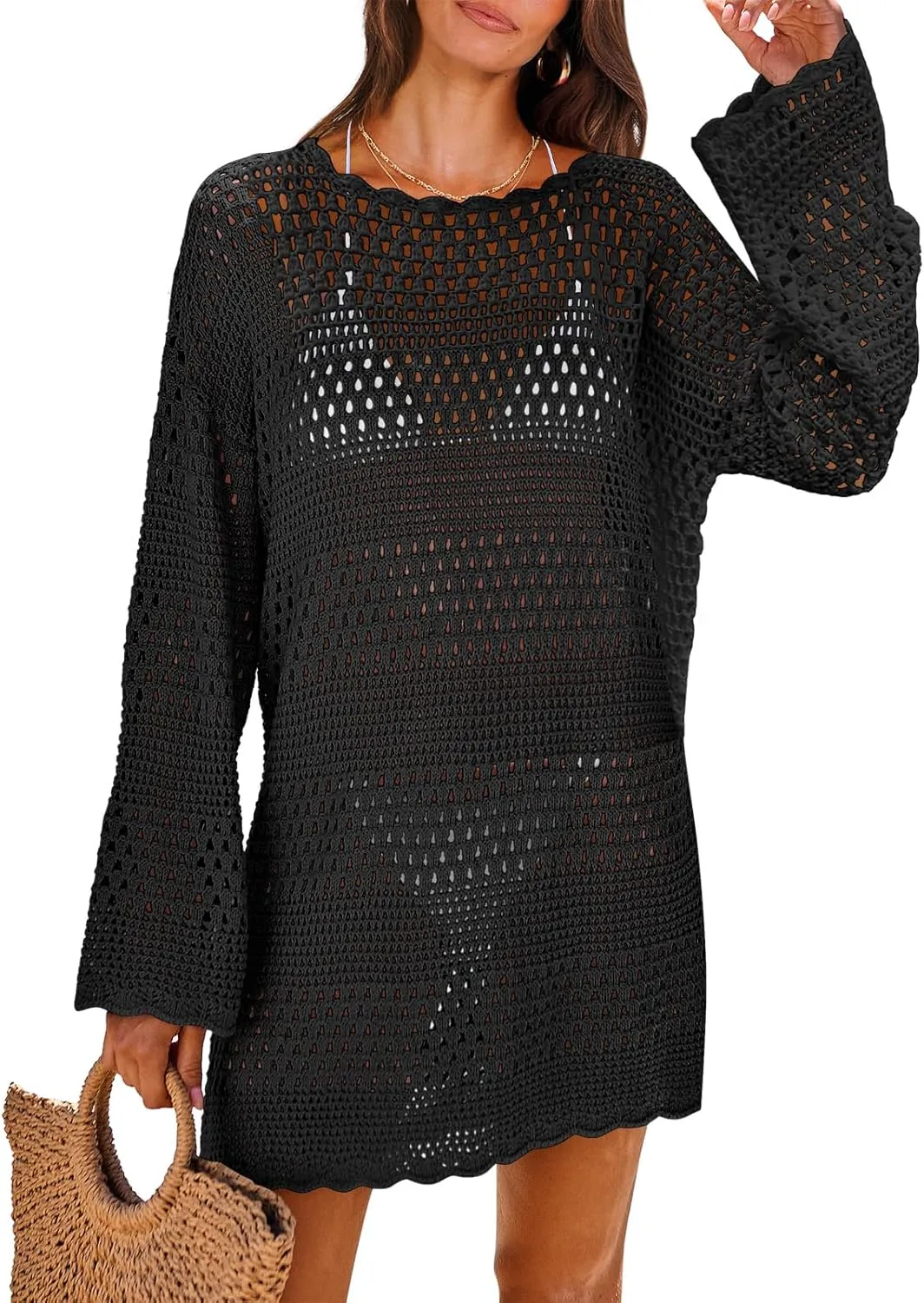 ANRABESS Women Swimsuit Crochet Swim Cover Up 2025 Summer Bathing Suit Swimwear Mesh Knit Beach Dress Vacation Outfits