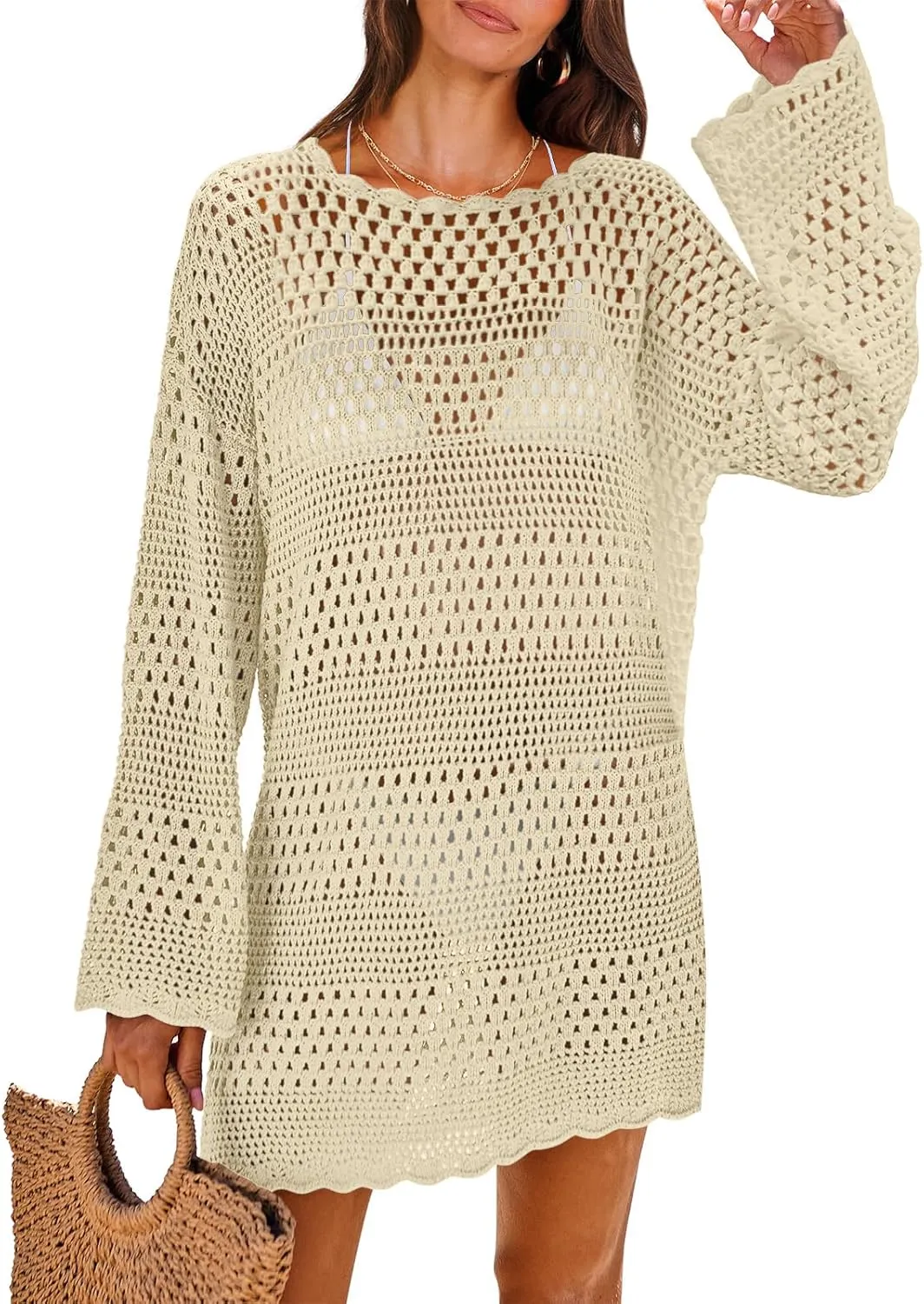 ANRABESS Women Swimsuit Crochet Swim Cover Up 2025 Summer Bathing Suit Swimwear Mesh Knit Beach Dress Vacation Outfits