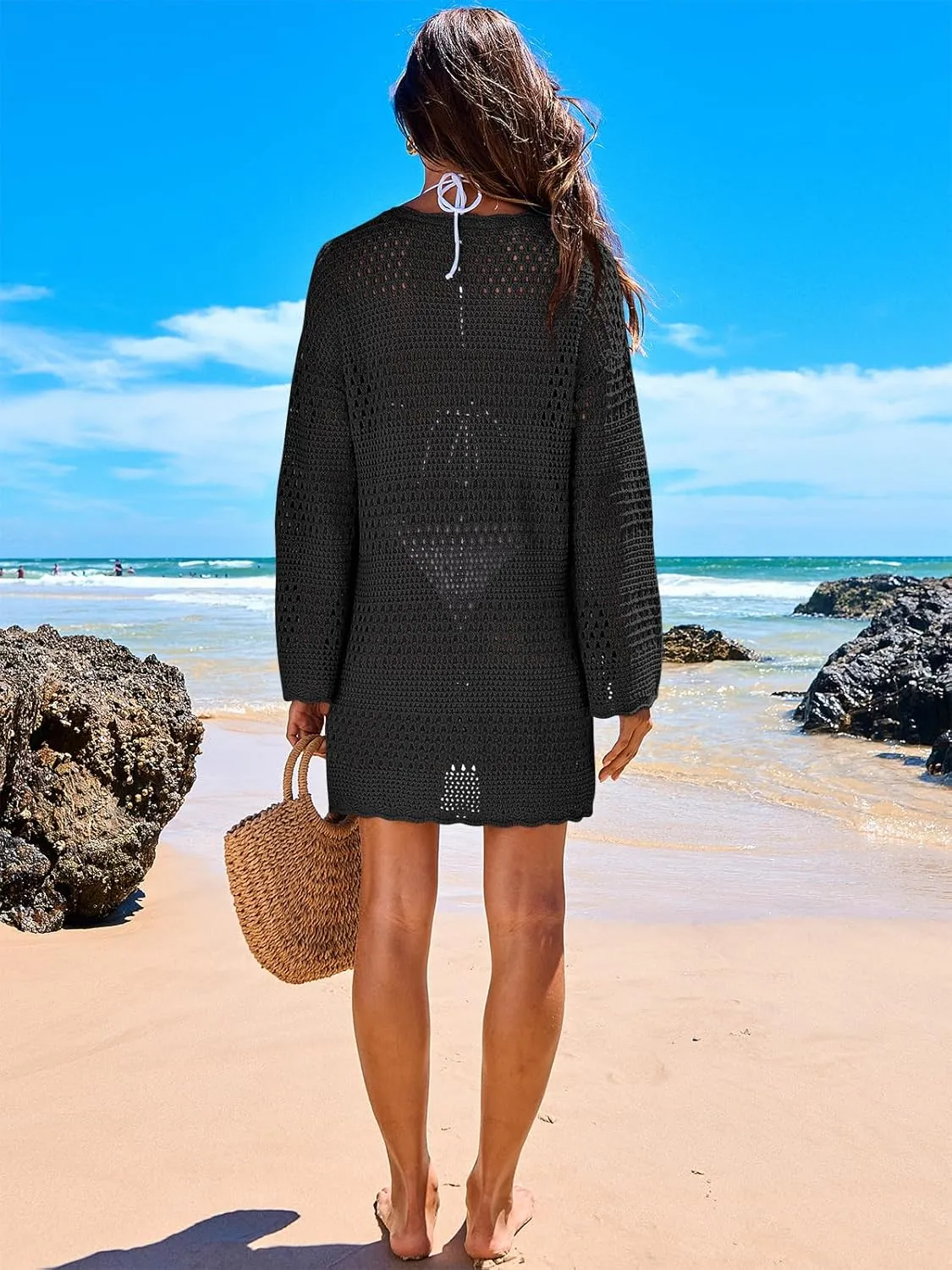 ANRABESS Women Swimsuit Crochet Swim Cover Up 2025 Summer Bathing Suit Swimwear Mesh Knit Beach Dress Vacation Outfits