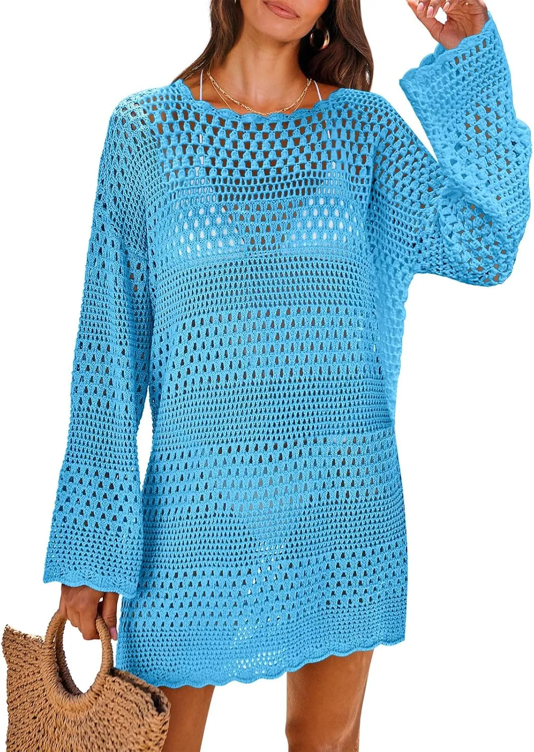 ANRABESS Women Swimsuit Crochet Swim Cover Up 2025 Summer Bathing Suit Swimwear Mesh Knit Beach Dress Vacation Outfits