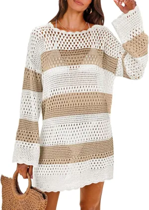 ANRABESS Women Swimsuit Crochet Swim Cover Up 2025 Summer Bathing Suit Swimwear Mesh Knit Beach Dress Vacation Outfits
