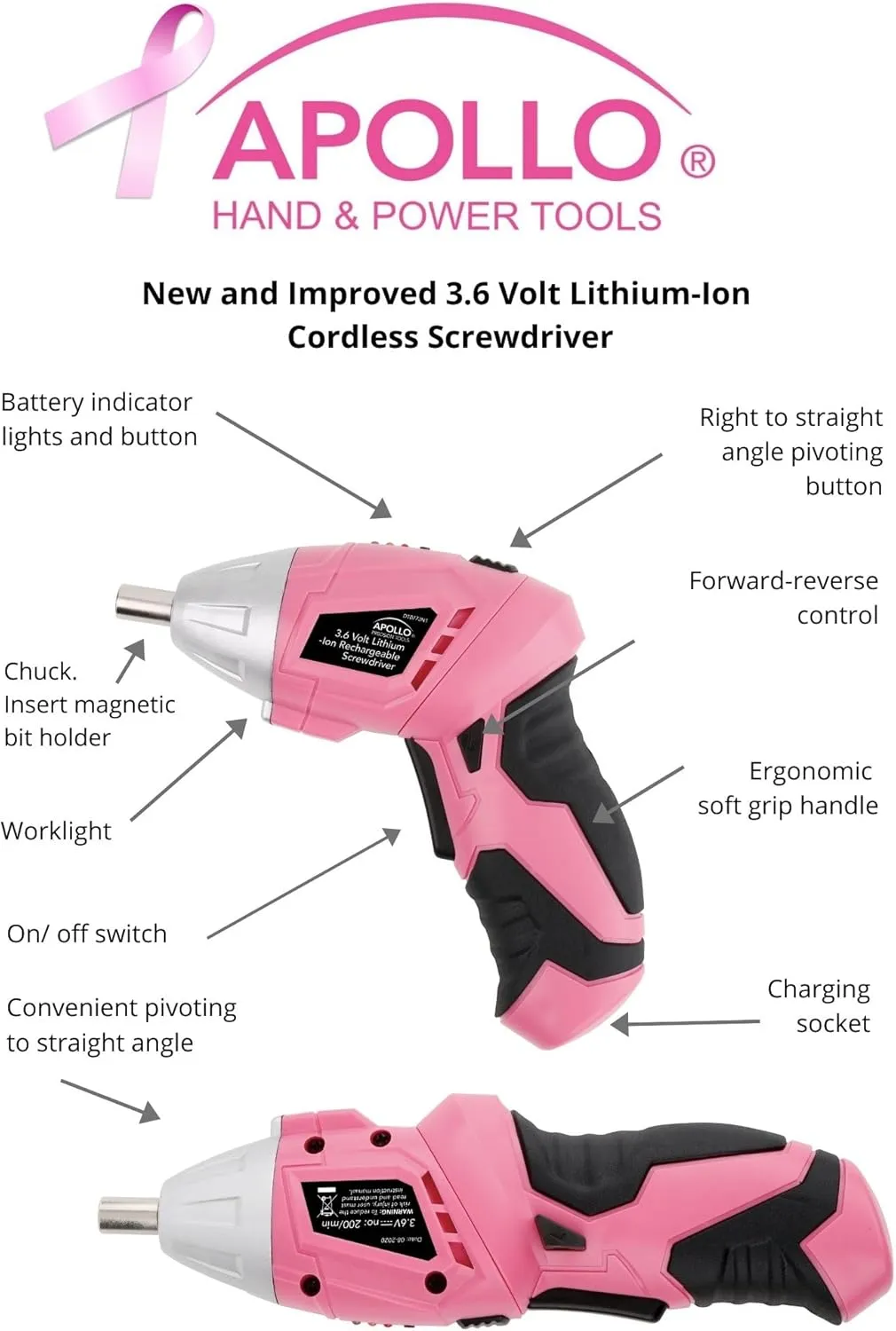 Apollo Tools 135 Piece Household Pink Hand Tools Set with Pivoting Dual-Angle 3.6 V Lithium-Ion Cordless Screwdriver - DT0773N1