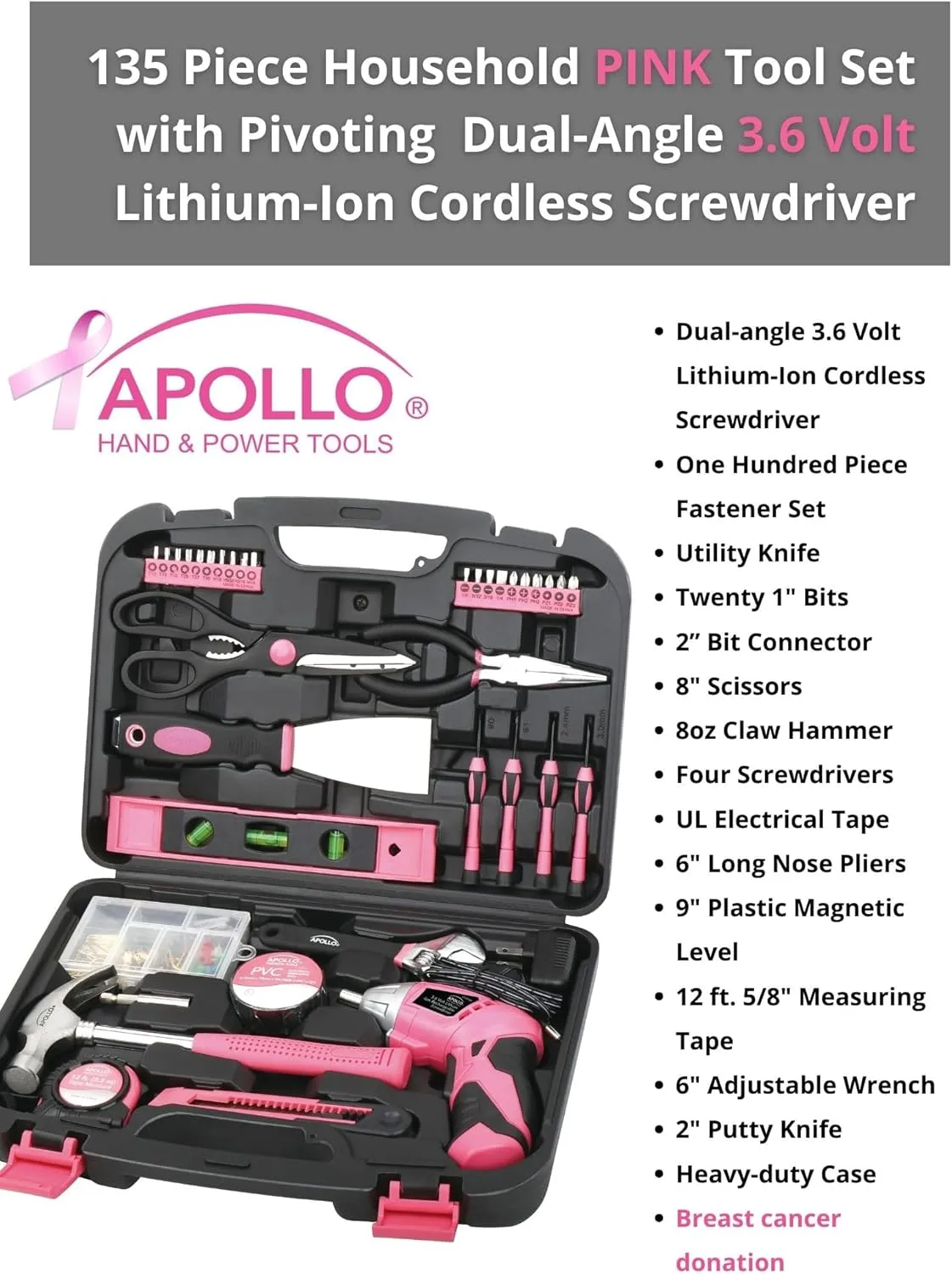 Apollo Tools 135 Piece Household Pink Hand Tools Set with Pivoting Dual-Angle 3.6 V Lithium-Ion Cordless Screwdriver - DT0773N1