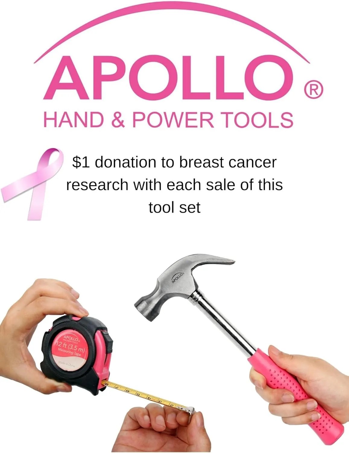 Apollo Tools 135 Piece Household Pink Hand Tools Set with Pivoting Dual-Angle 3.6 V Lithium-Ion Cordless Screwdriver - DT0773N1