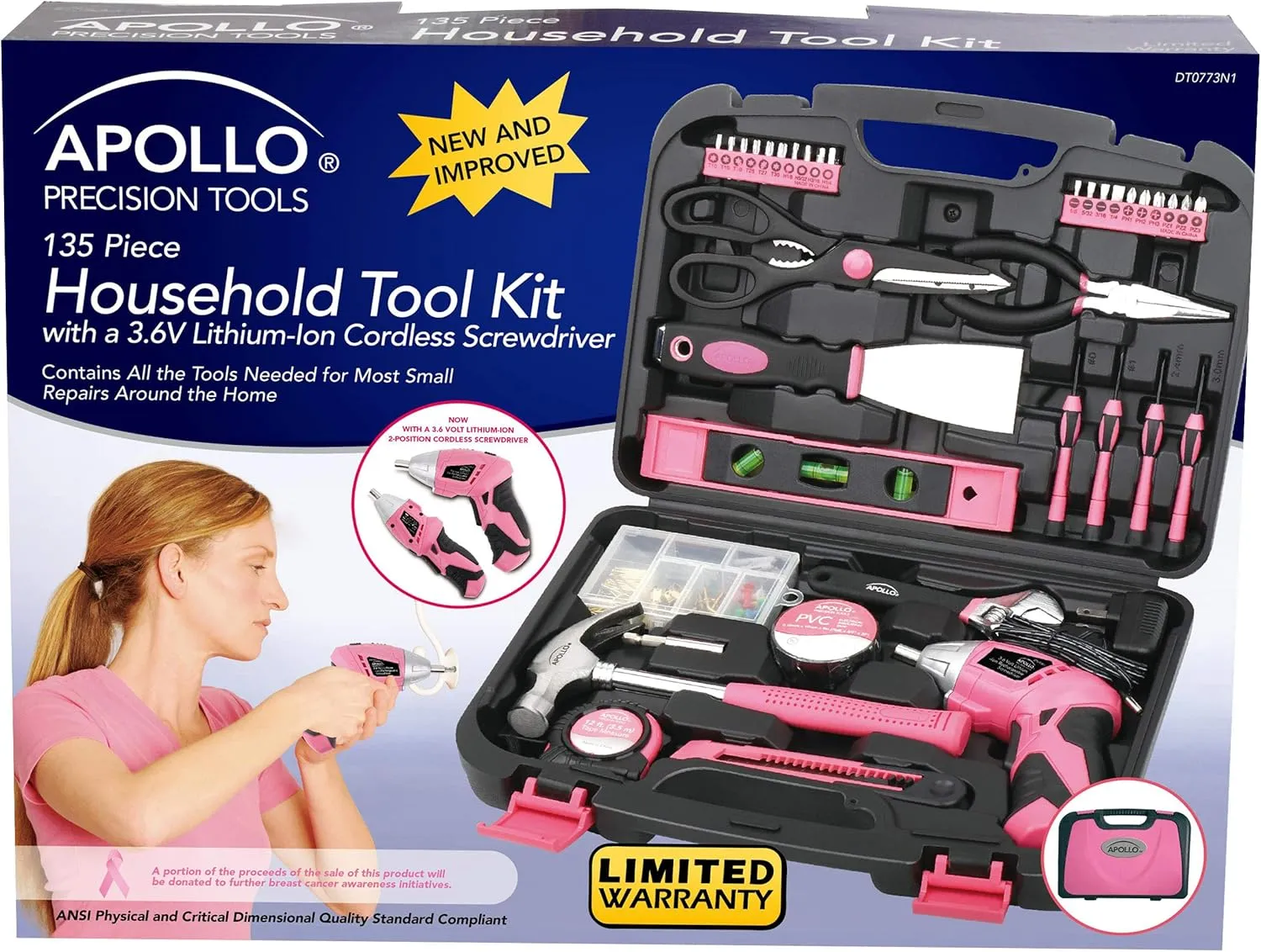 Apollo Tools 135 Piece Household Pink Hand Tools Set with Pivoting Dual-Angle 3.6 V Lithium-Ion Cordless Screwdriver - DT0773N1