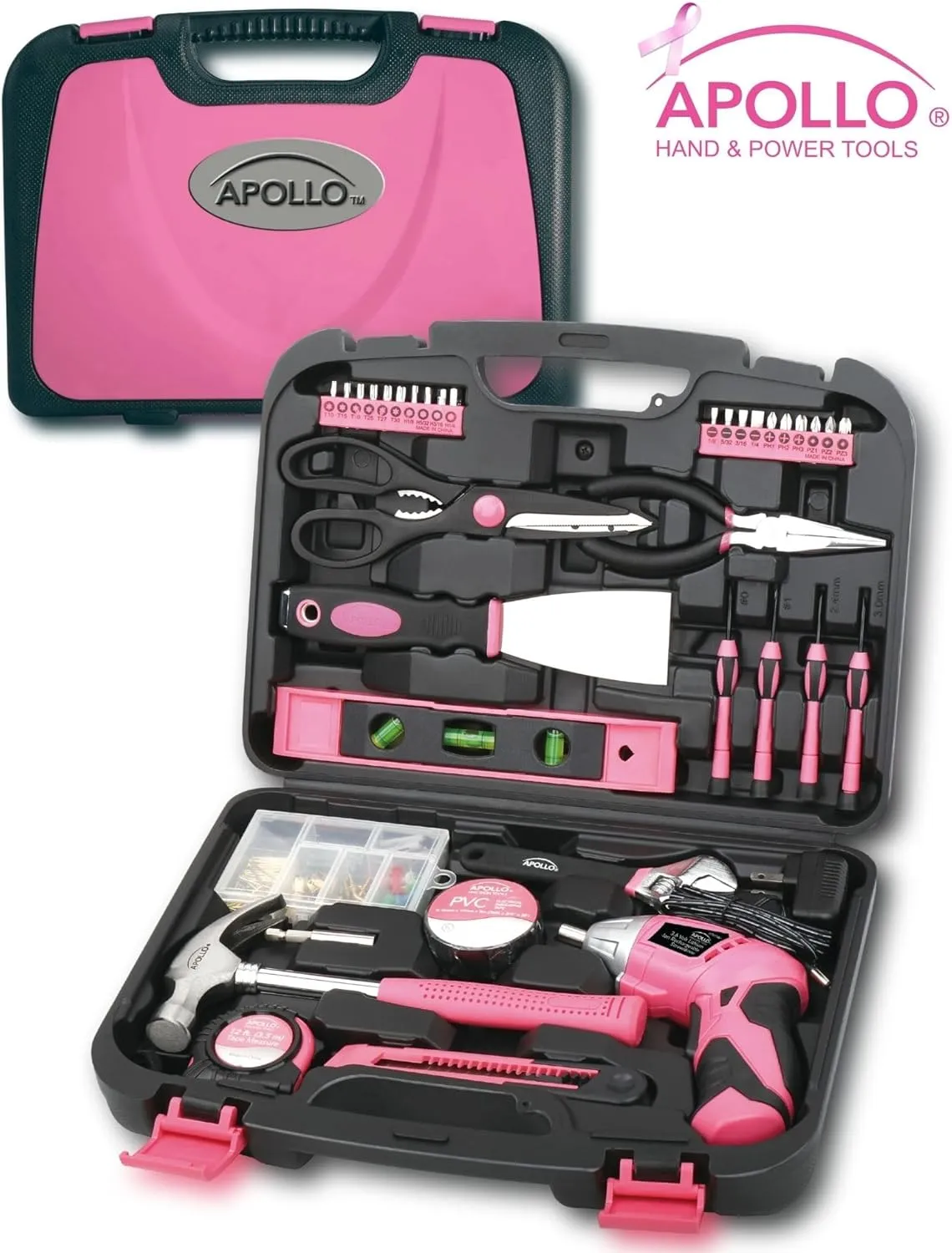 Apollo Tools 135 Piece Household Pink Hand Tools Set with Pivoting Dual-Angle 3.6 V Lithium-Ion Cordless Screwdriver - DT0773N1