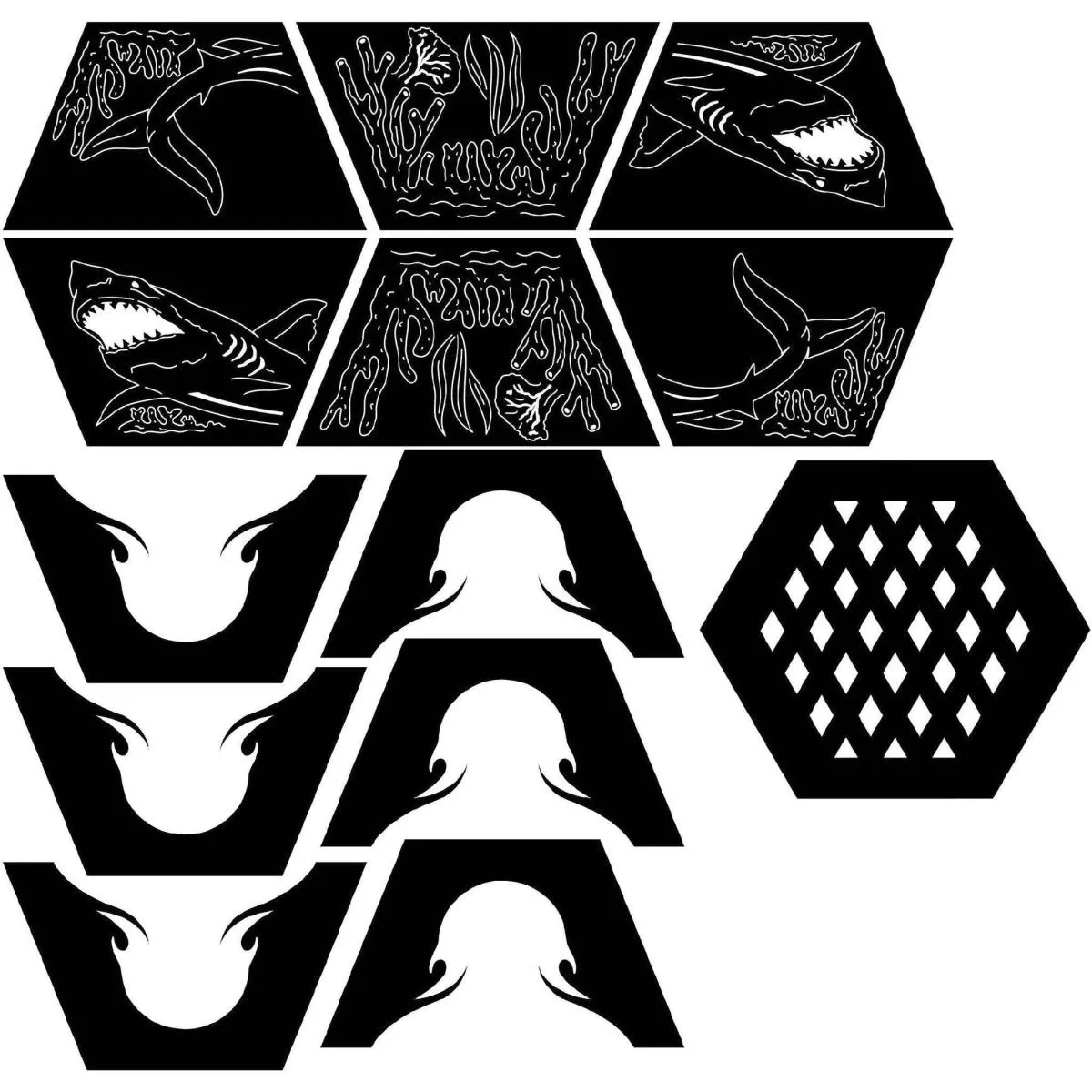 Artistic Hexagon Fire Pit DXF for CNC | Shark Fish & Coral Reef Design