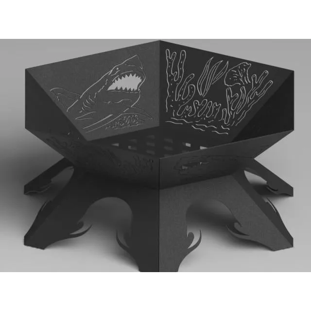 Artistic Hexagon Fire Pit DXF for CNC | Shark Fish & Coral Reef Design