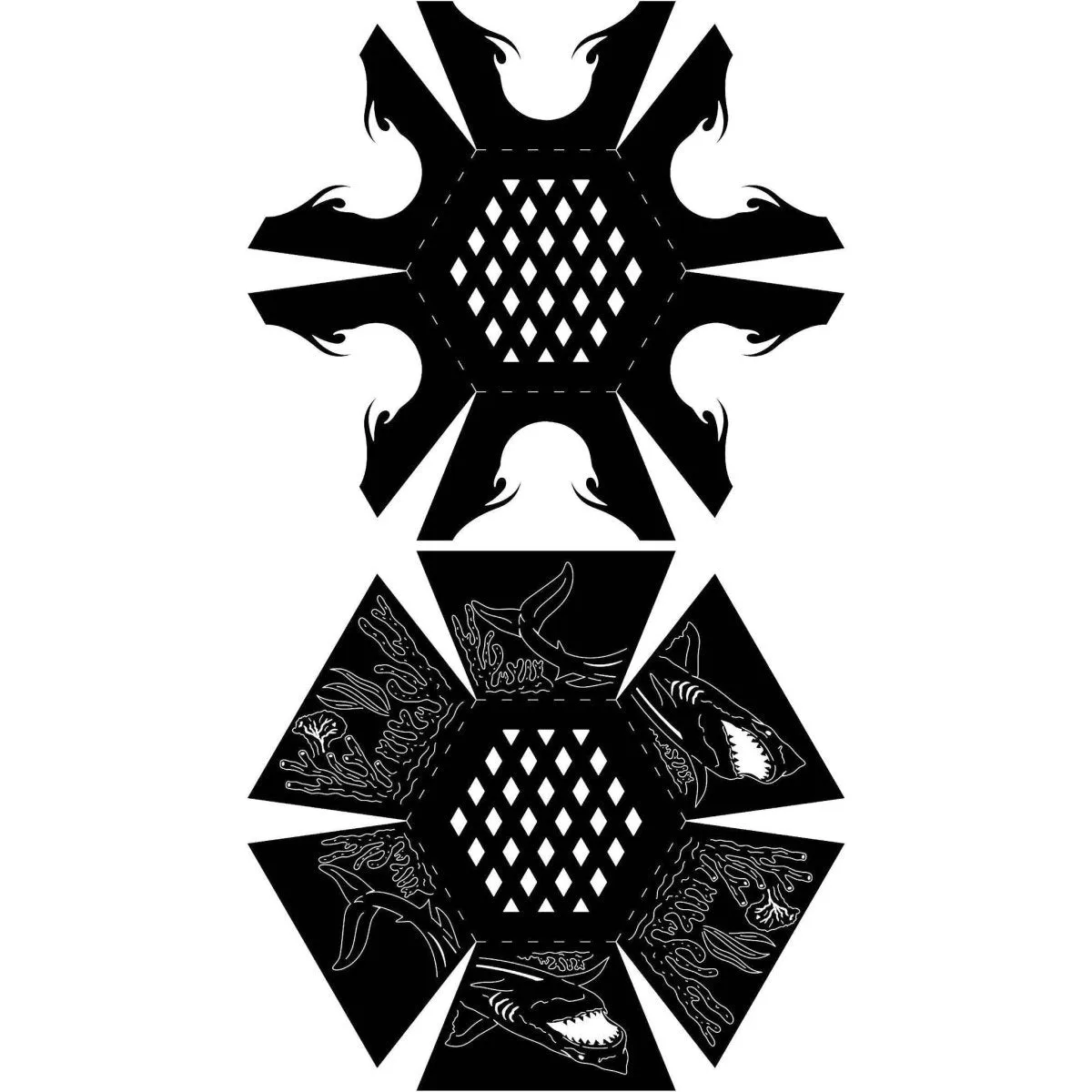 Artistic Hexagon Fire Pit DXF for CNC | Shark Fish & Coral Reef Design