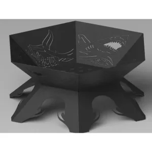 Artistic Hexagon Fire Pit DXF for CNC | Shark Fish & Coral Reef Design
