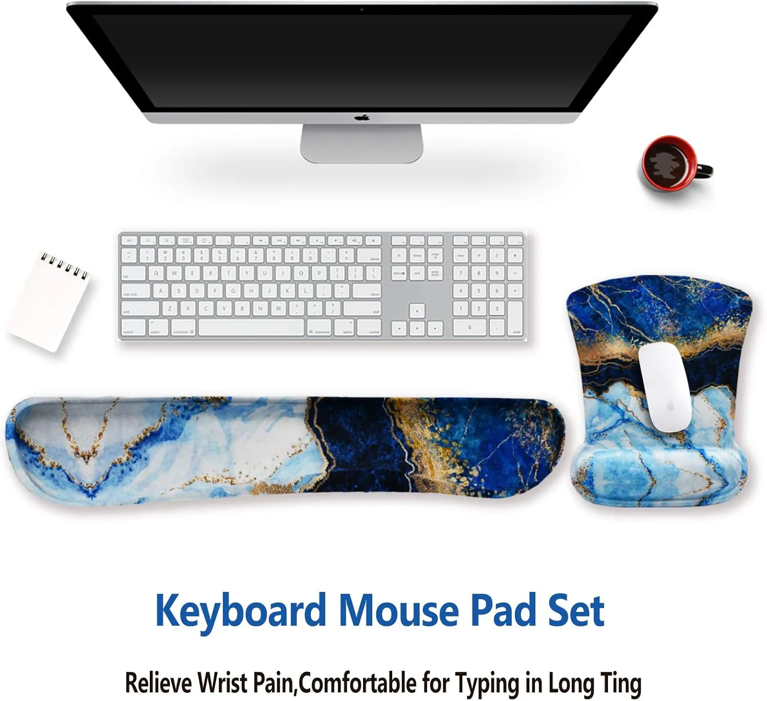 ArtSo Keyboard Wrist Rest and Mouse Pad with Wrist Support, Ergonomic Mouse Pad, Durable Comfortable Lightweight for Easy Typing Pain Relief, Memory Foam Keyboard Mousepad Set, Blue Marble