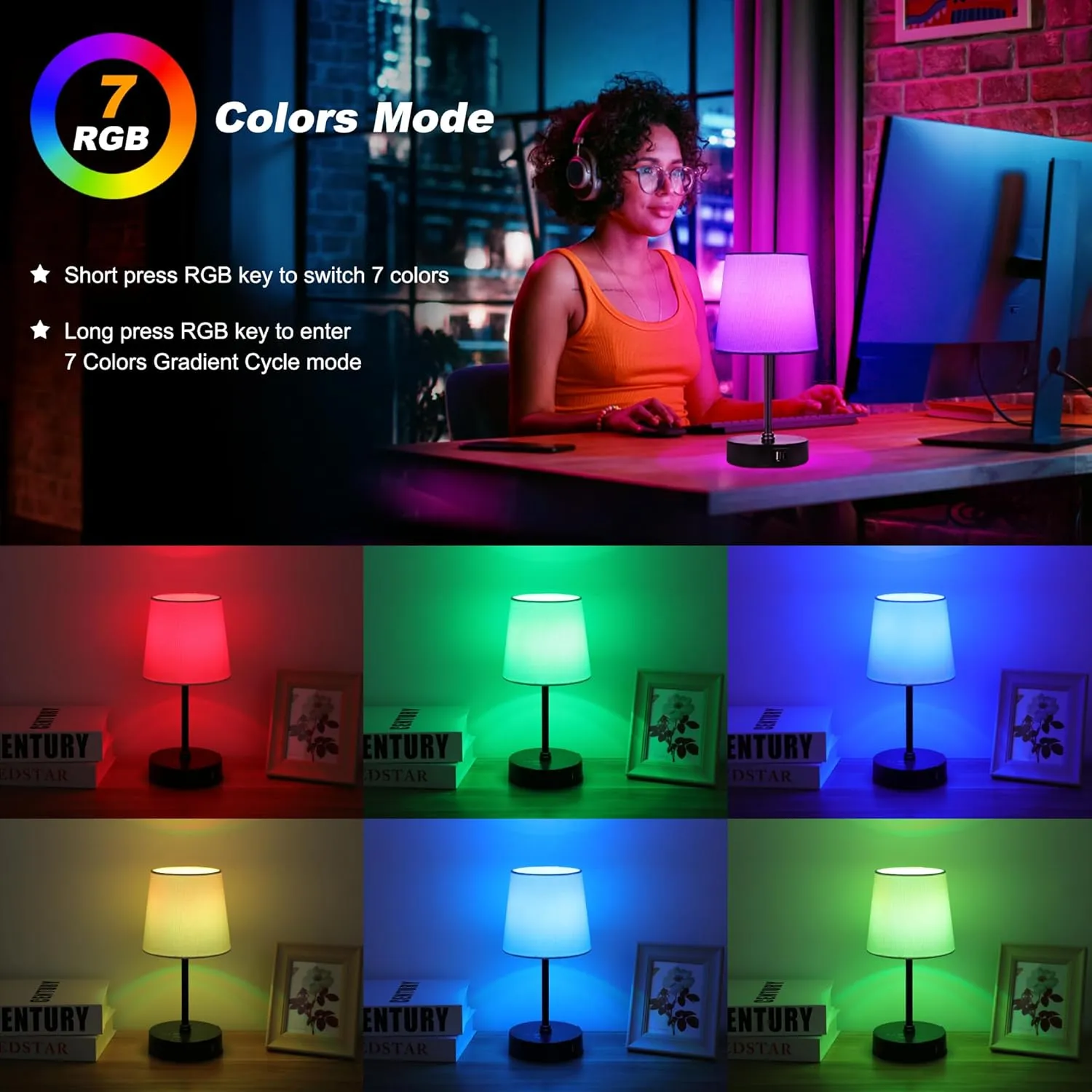 Ascher Small Bedside Table lamp, RGB Color Changing Lamps, 3 Color Temperatures, Dimmable Nightstand Lamp with USB C A Ports, Touch Desk Lamp for Bedroom Living Room Office(White Shade)