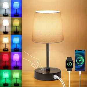 Ascher Small Bedside Table lamp, RGB Color Changing Lamps, 3 Color Temperatures, Dimmable Nightstand Lamp with USB C A Ports, Touch Desk Lamp for Bedroom Living Room Office(White Shade)