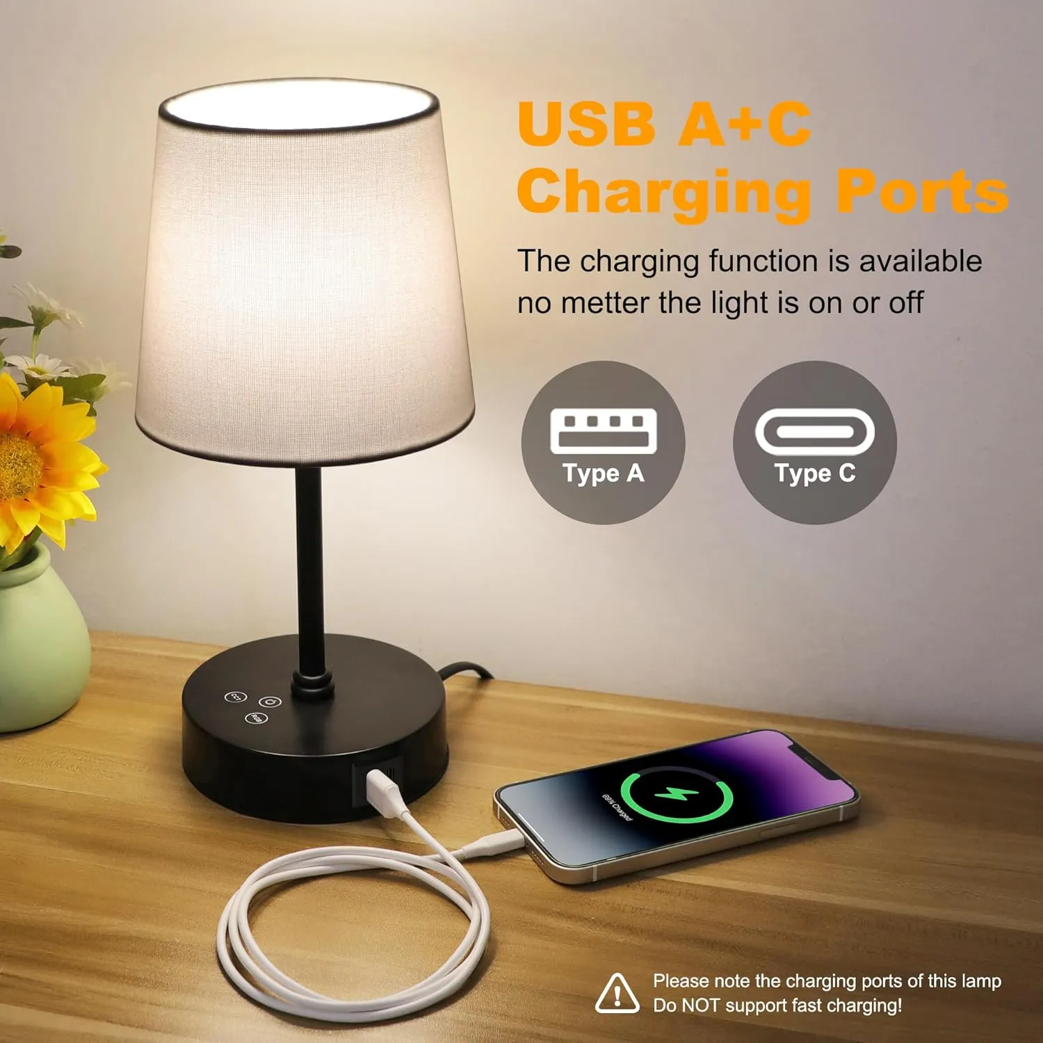 Ascher Small Bedside Table lamp, RGB Color Changing Lamps, 3 Color Temperatures, Dimmable Nightstand Lamp with USB C A Ports, Touch Desk Lamp for Bedroom Living Room Office(White Shade)
