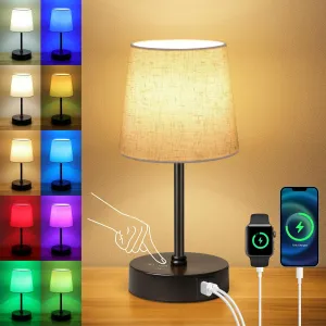Ascher Small Bedside Table lamp, RGB Color Changing Lamps, 3 Color Temperatures, Dimmable Nightstand Lamp with USB C A Ports, Touch Desk Lamp for Bedroom Living Room(Flaxen Shade)