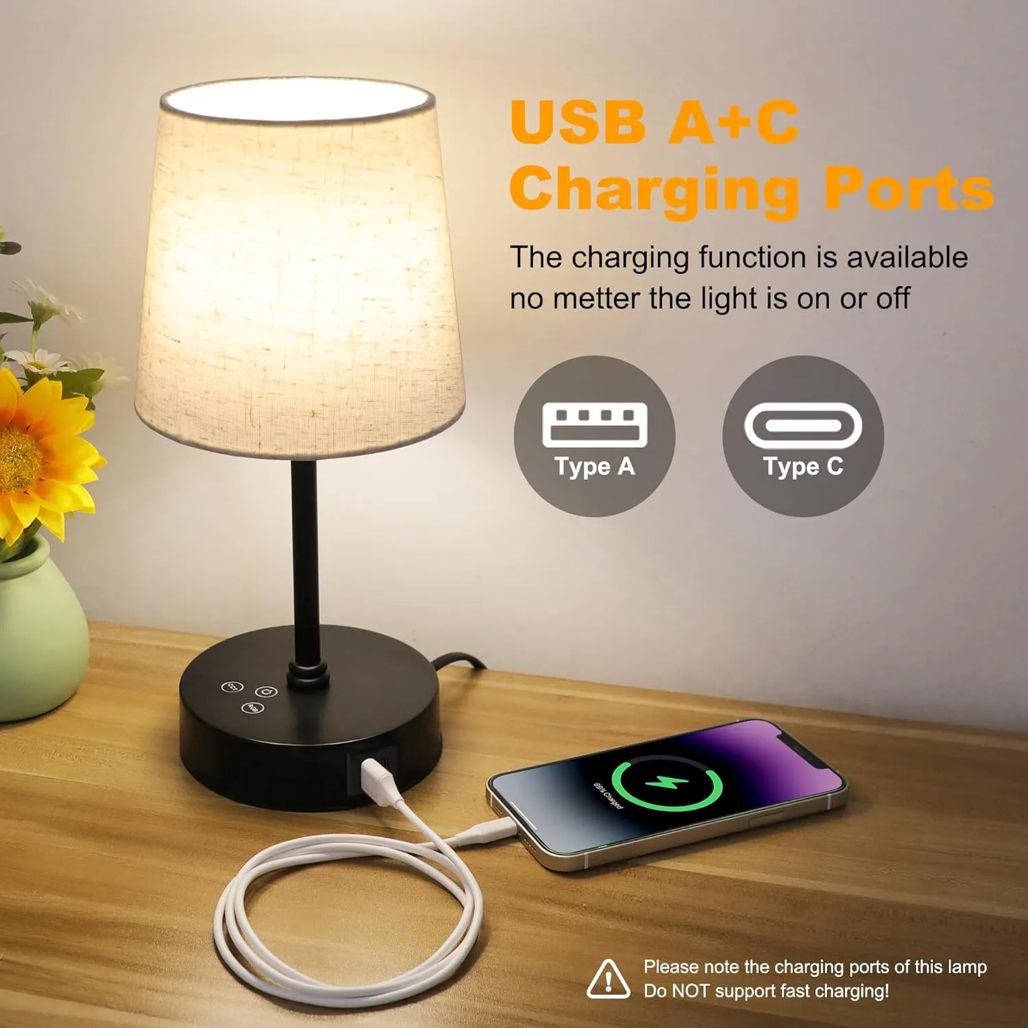 Ascher Small Bedside Table lamp, RGB Color Changing Lamps, 3 Color Temperatures, Dimmable Nightstand Lamp with USB C A Ports, Touch Desk Lamp for Bedroom Living Room(Flaxen Shade)
