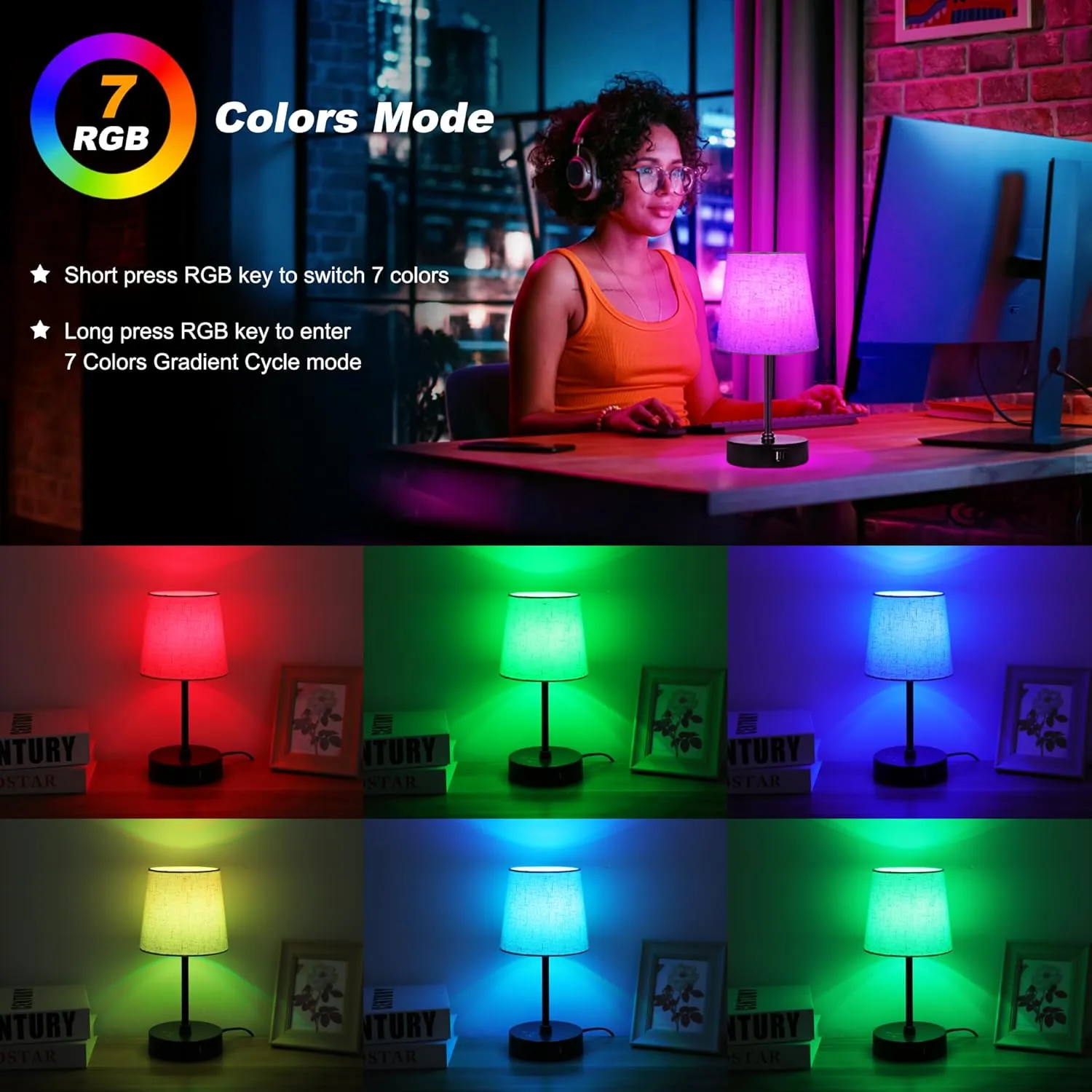 Ascher Small Bedside Table lamp, RGB Color Changing Lamps, 3 Color Temperatures, Dimmable Nightstand Lamp with USB C A Ports, Touch Desk Lamp for Bedroom Living Room(Flaxen Shade)