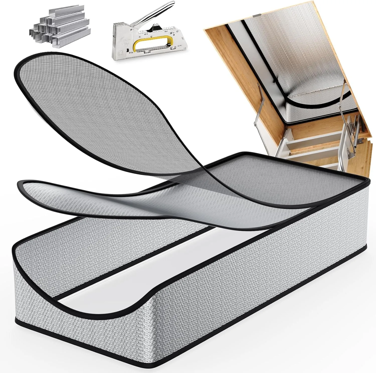 Attic Door Insulation Cover with Screen Mesh for Pull Down Ladder or Stair, 25" x 54" x 11" Double Bubble Thick Attic Tent Stairway Insulator Dust Proof, Attic Insulation for Save Energy