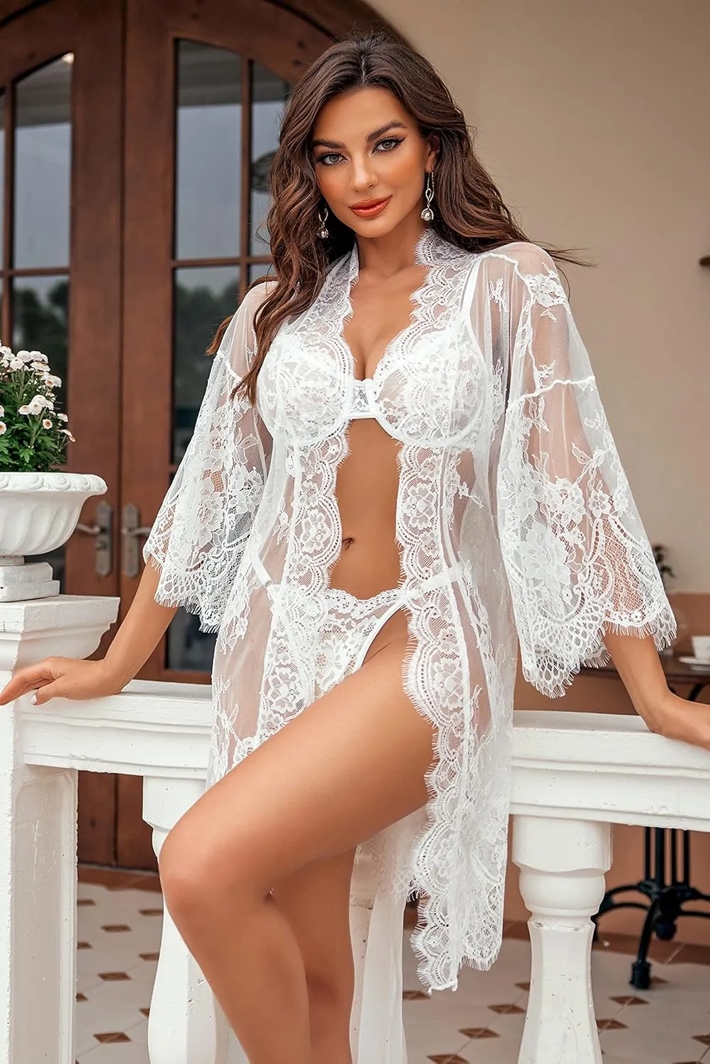 Avidlove Women's Lace Kimono Robe Babydoll Lingerie Mesh Nightgown S-5XL