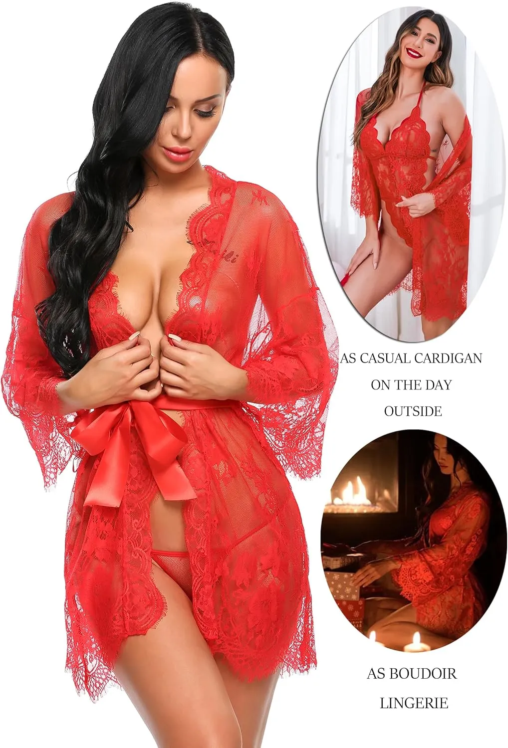Avidlove Women's Lace Kimono Robe Babydoll Lingerie Mesh Nightgown S-5XL