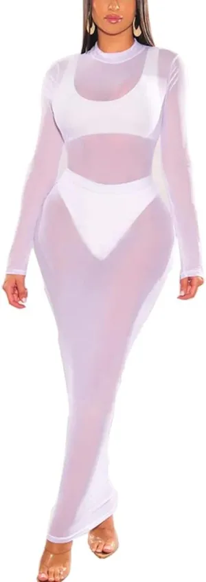 Azhong Women’s Sexy See Through Long Sleeve Mock Neck Sheer Mesh Bodycon Cocktail Club Party Cover Up Maxi Dress