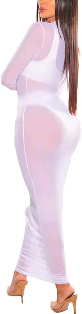 Azhong Women’s Sexy See Through Long Sleeve Mock Neck Sheer Mesh Bodycon Cocktail Club Party Cover Up Maxi Dress