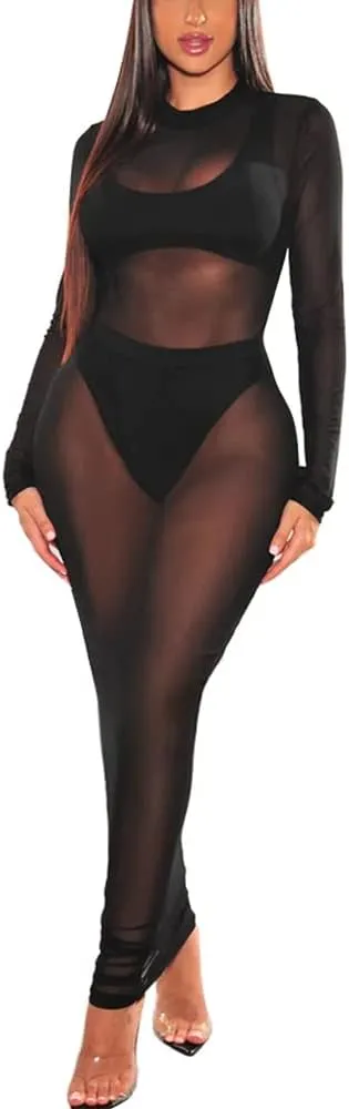 Azhong Women’s Sexy See Through Long Sleeve Mock Neck Sheer Mesh Bodycon Cocktail Club Party Cover Up Maxi Dress