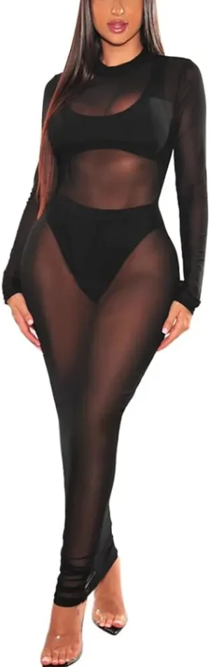 Azhong Women’s Sexy See Through Long Sleeve Mock Neck Sheer Mesh Bodycon Cocktail Club Party Cover Up Maxi Dress