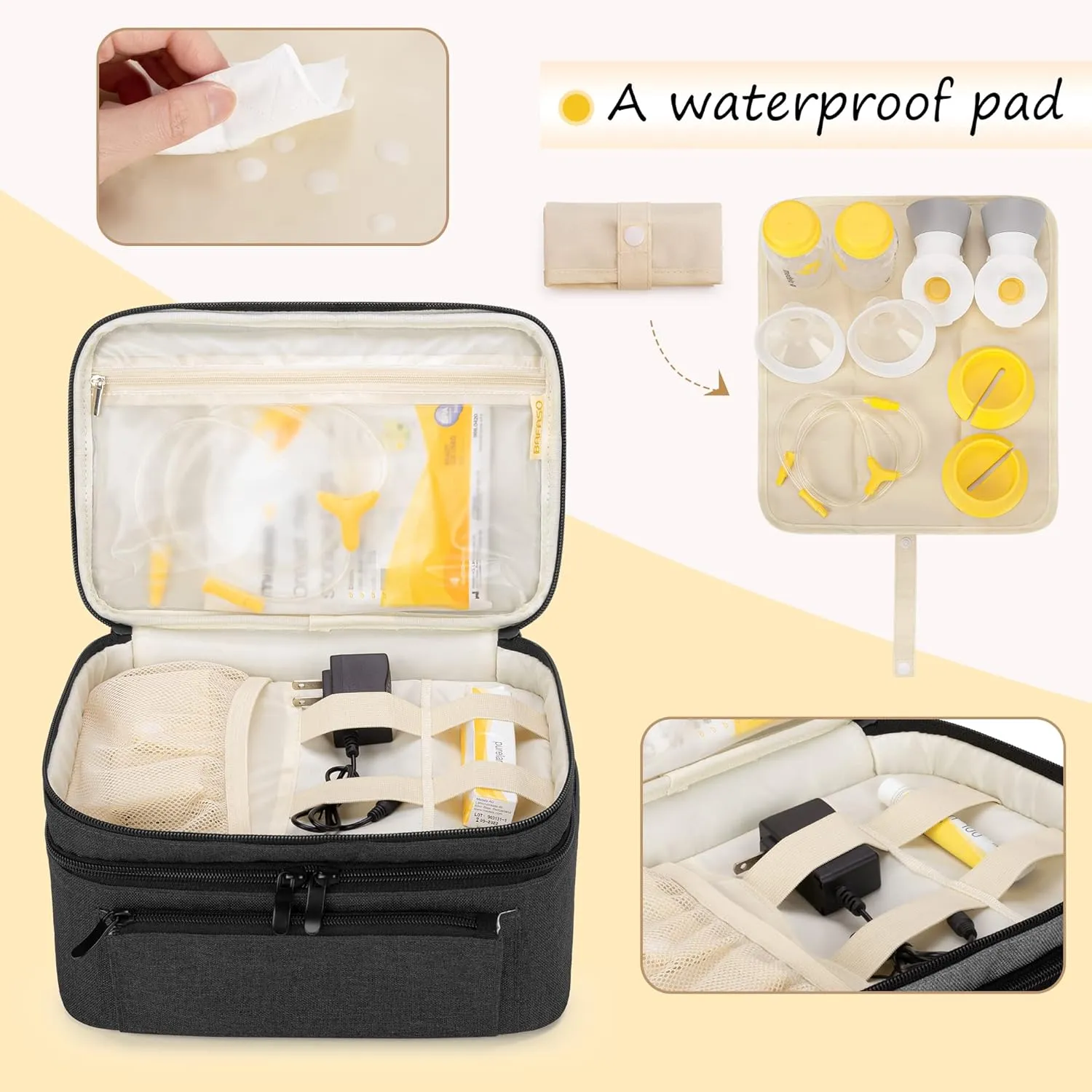 BAFASO Breast Pump Bag (Compatible with Medela* Pump in Style) with a Waterproof Pump Parts Pad, Carrying Case for Medela* Pump in Style and Extra Parts (Patent Pending), Black