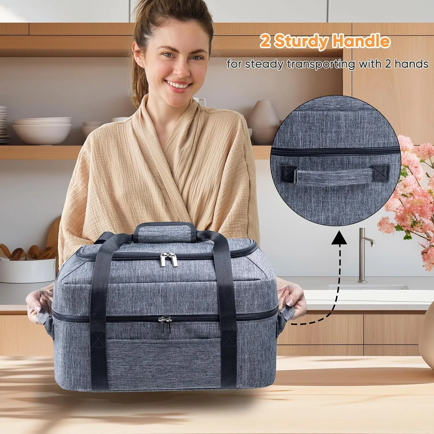 BAGSPRITE Double-Layer Slow Cooker Carrying Bag for 6-8 Quart CrockPot and Hamilton Beach Slow Cooker, Travel Bag with Lid Fastener for Crock-pot, Portable Carrier Case Slow Cooker Bag, Grey