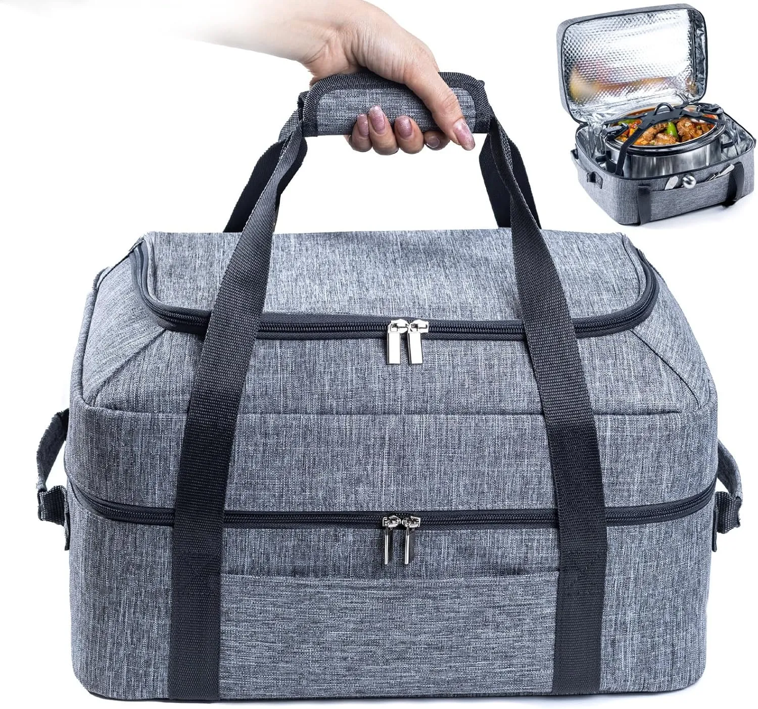 BAGSPRITE Double-Layer Slow Cooker Carrying Bag for 6-8 Quart CrockPot and Hamilton Beach Slow Cooker, Travel Bag with Lid Fastener for Crock-pot, Portable Carrier Case Slow Cooker Bag, Grey
