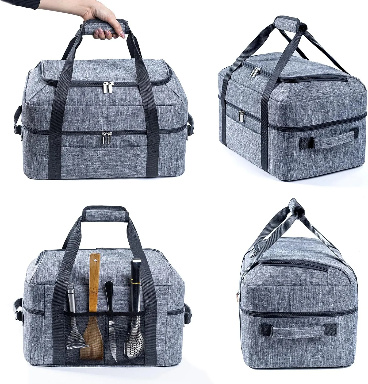 BAGSPRITE Double-Layer Slow Cooker Carrying Bag for 6-8 Quart CrockPot and Hamilton Beach Slow Cooker, Travel Bag with Lid Fastener for Crock-pot, Portable Carrier Case Slow Cooker Bag, Grey
