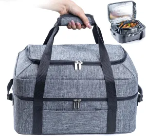 BAGSPRITE Double-Layer Slow Cooker Carrying Bag for 6-8 Quart CrockPot and Hamilton Beach Slow Cooker, Travel Bag with Lid Fastener for Crock-pot, Portable Carrier Case Slow Cooker Bag, Grey