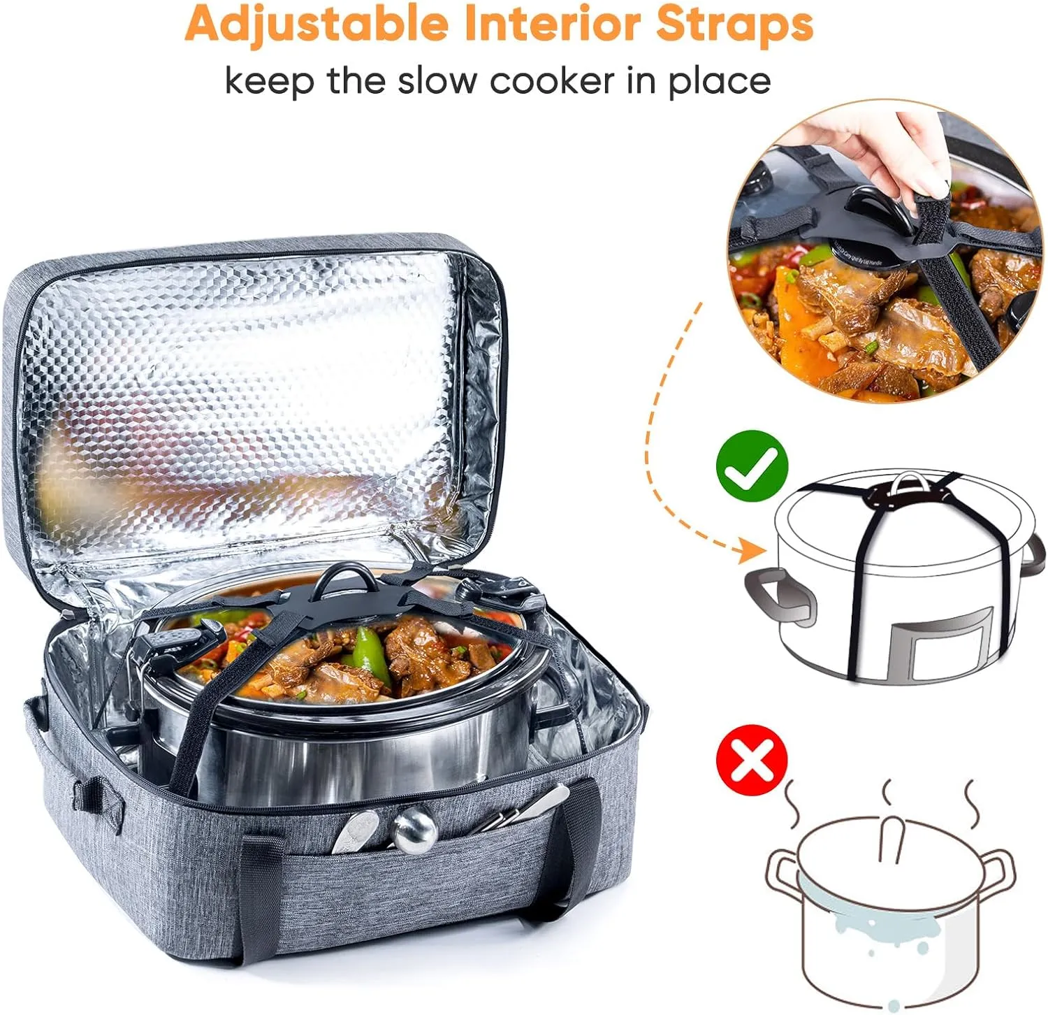 BAGSPRITE Double-Layer Slow Cooker Carrying Bag for 6-8 Quart CrockPot and Hamilton Beach Slow Cooker, Travel Bag with Lid Fastener for Crock-pot, Portable Carrier Case Slow Cooker Bag, Grey