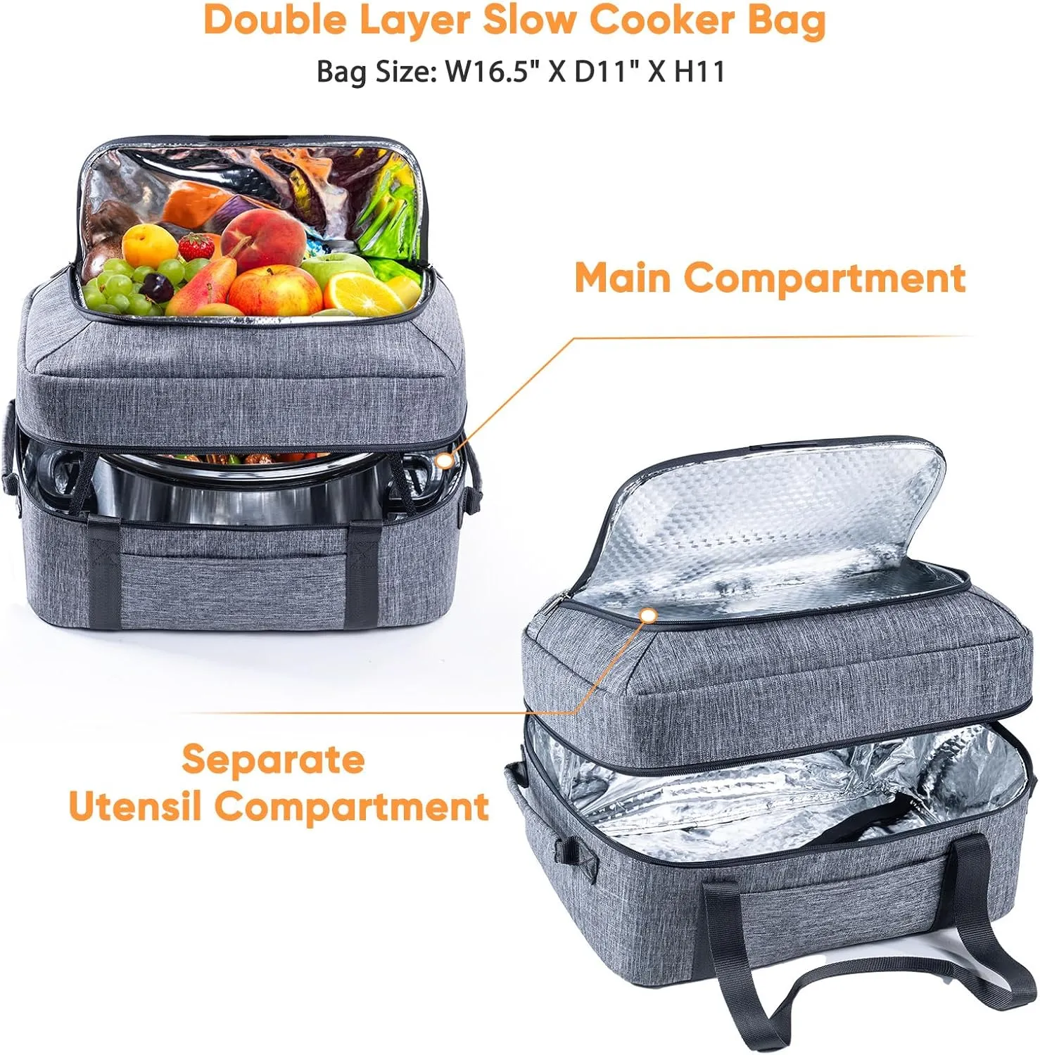 BAGSPRITE Double-Layer Slow Cooker Carrying Bag for 6-8 Quart CrockPot and Hamilton Beach Slow Cooker, Travel Bag with Lid Fastener for Crock-pot, Portable Carrier Case Slow Cooker Bag, Grey