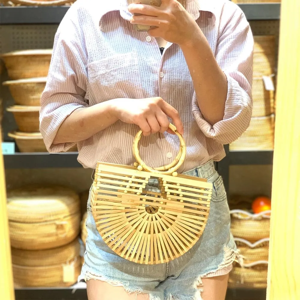 Bamboo Bags for Women Handmade Bamboo Women Handbag Large Tote Bag Straw Basket Beach Bag Basketweave Purse Holiday