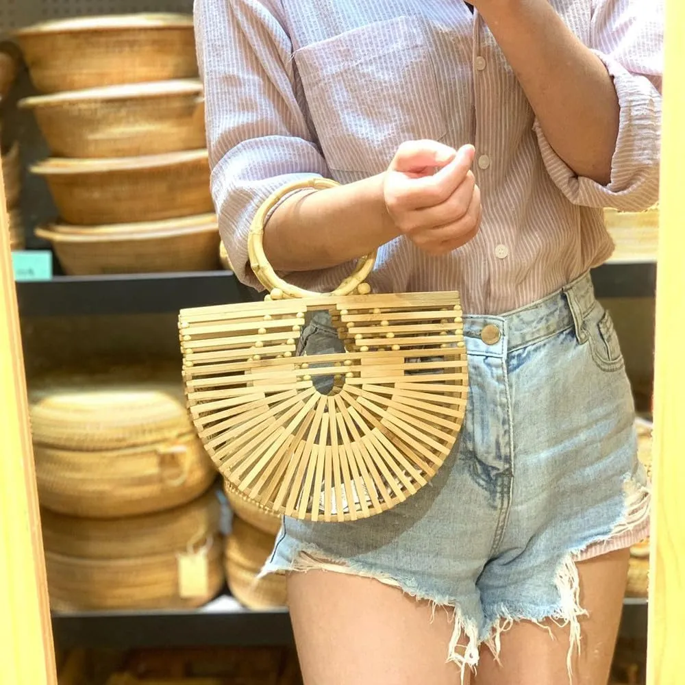 Bamboo Bags for Women Handmade Bamboo Women Handbag Large Tote Bag Straw Basket Beach Bag Basketweave Purse Holiday