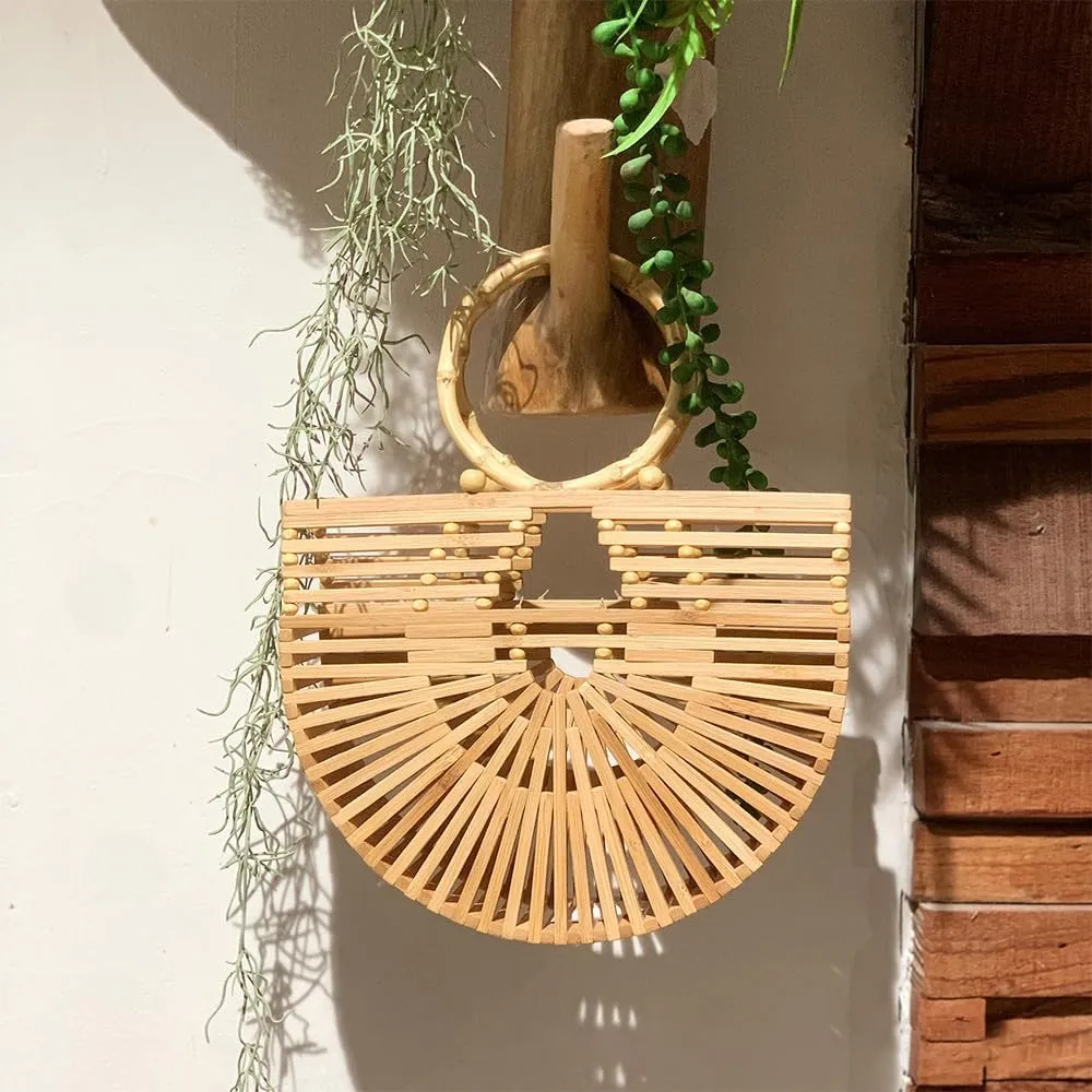 Bamboo Bags for Women Handmade Bamboo Women Handbag Large Tote Bag Straw Basket Beach Bag Basketweave Purse Holiday