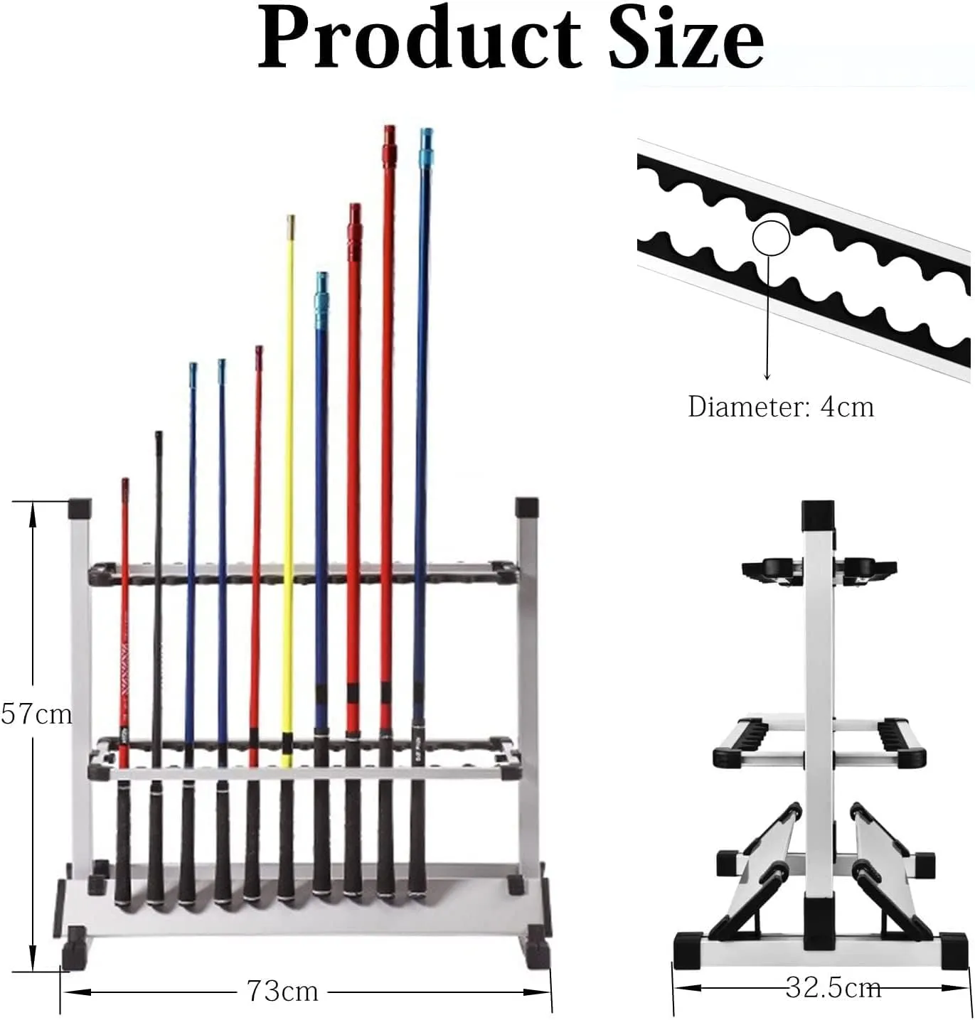 Baoz 24 Slot Aluminum Alloy Portable Fishing Rod Organizer - Metal Rack with Stand; Ideal for Fishing Poles & Rod Combos (Silver)