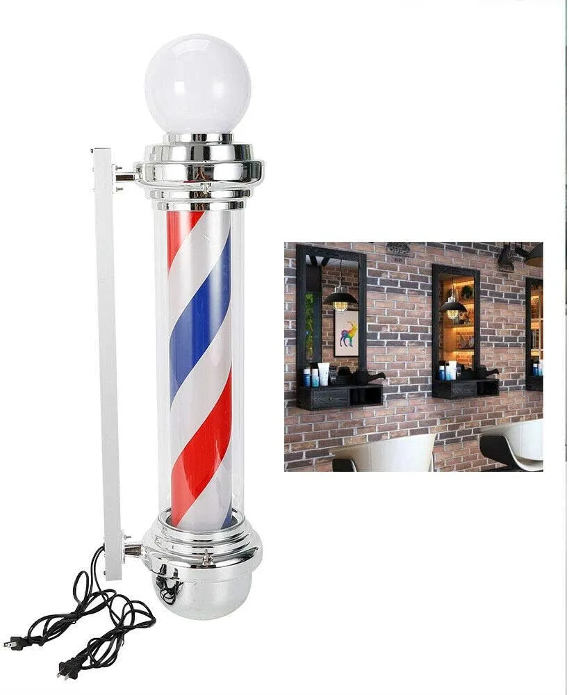 Barber Shop Rotating LED Stripes Pole Light, Classic Barber Shop Sign Lamp, Barber Shop Pole Red White Blue Rotating Light Stripes Sign, ABS Painted Iron 32 inch (US Stock)