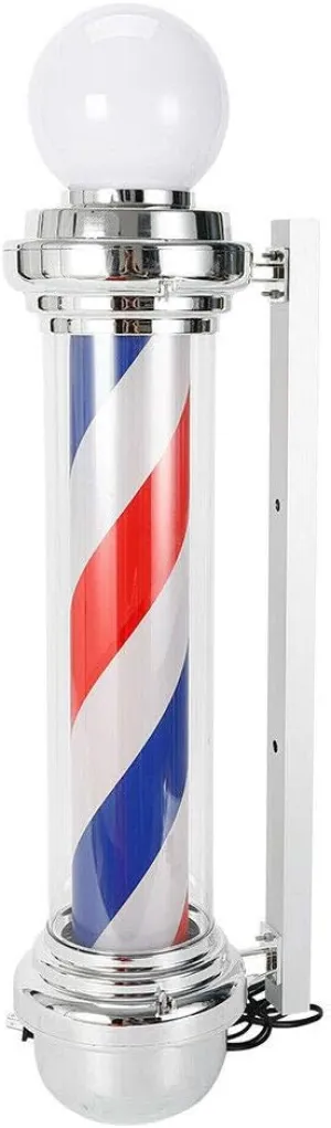 Barber Shop Rotating LED Stripes Pole Light, Classic Barber Shop Sign Lamp, Barber Shop Pole Red White Blue Rotating Light Stripes Sign, ABS Painted Iron 32 inch (US Stock)