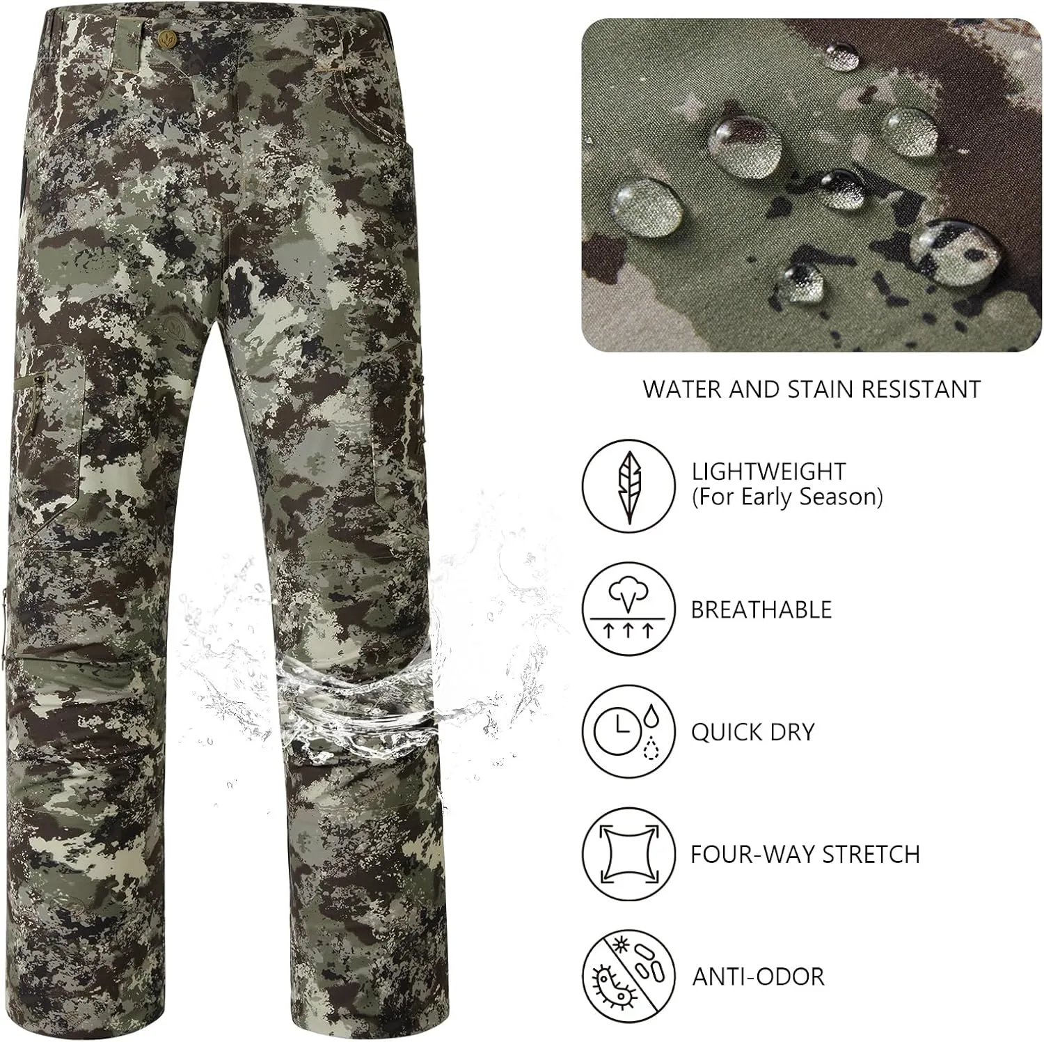 BASSDASH Men’s Lightweight Hunting Pants 4-Way Stretch Breathable Water Resistant for Turkey Early Season Spring Summer