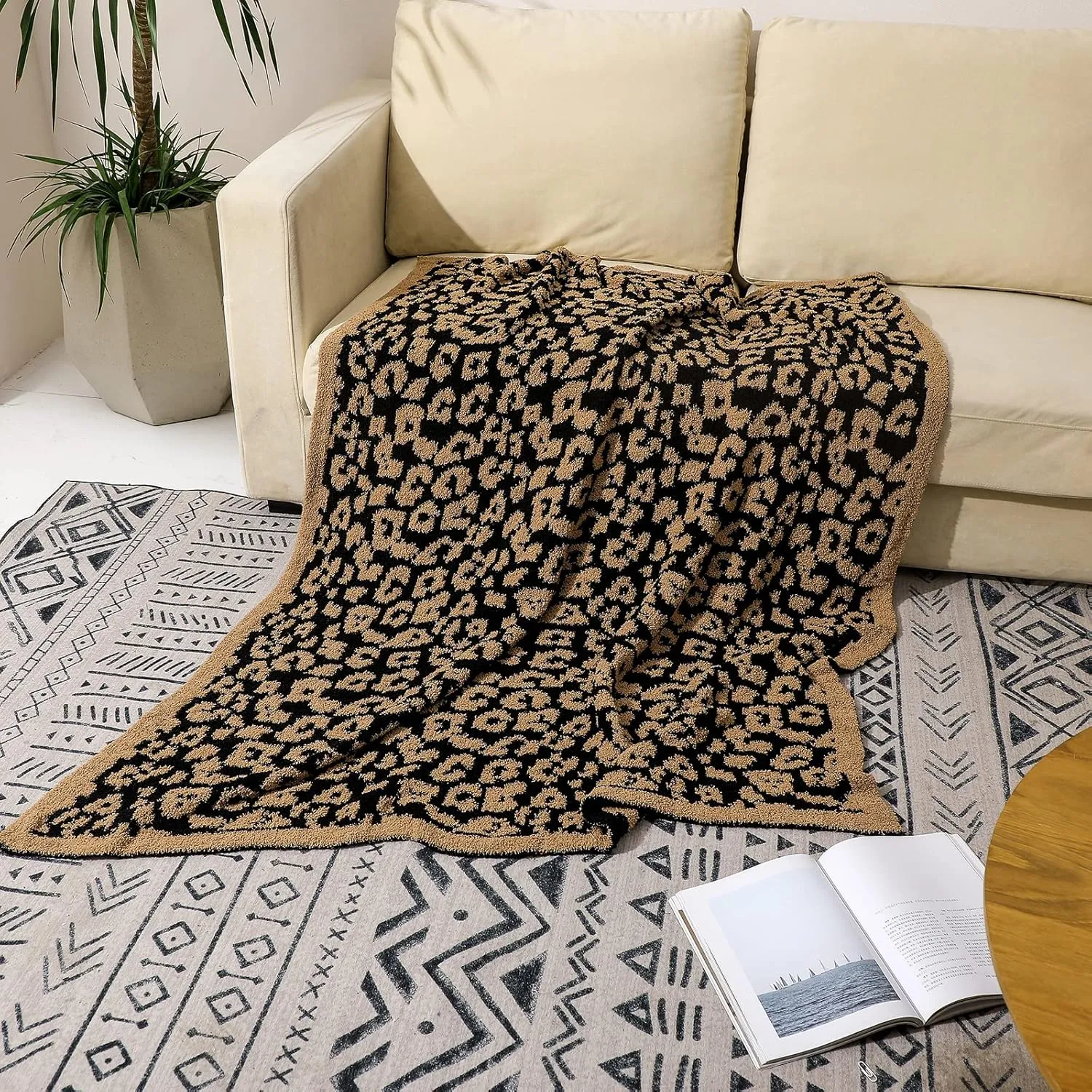 bearberry Fuzzy Leopard Knitted Throw Blanket Soft Cozy Warm Microfiber Blanket for Couch Sofa Bed Travel (Leopard, 50"x60")