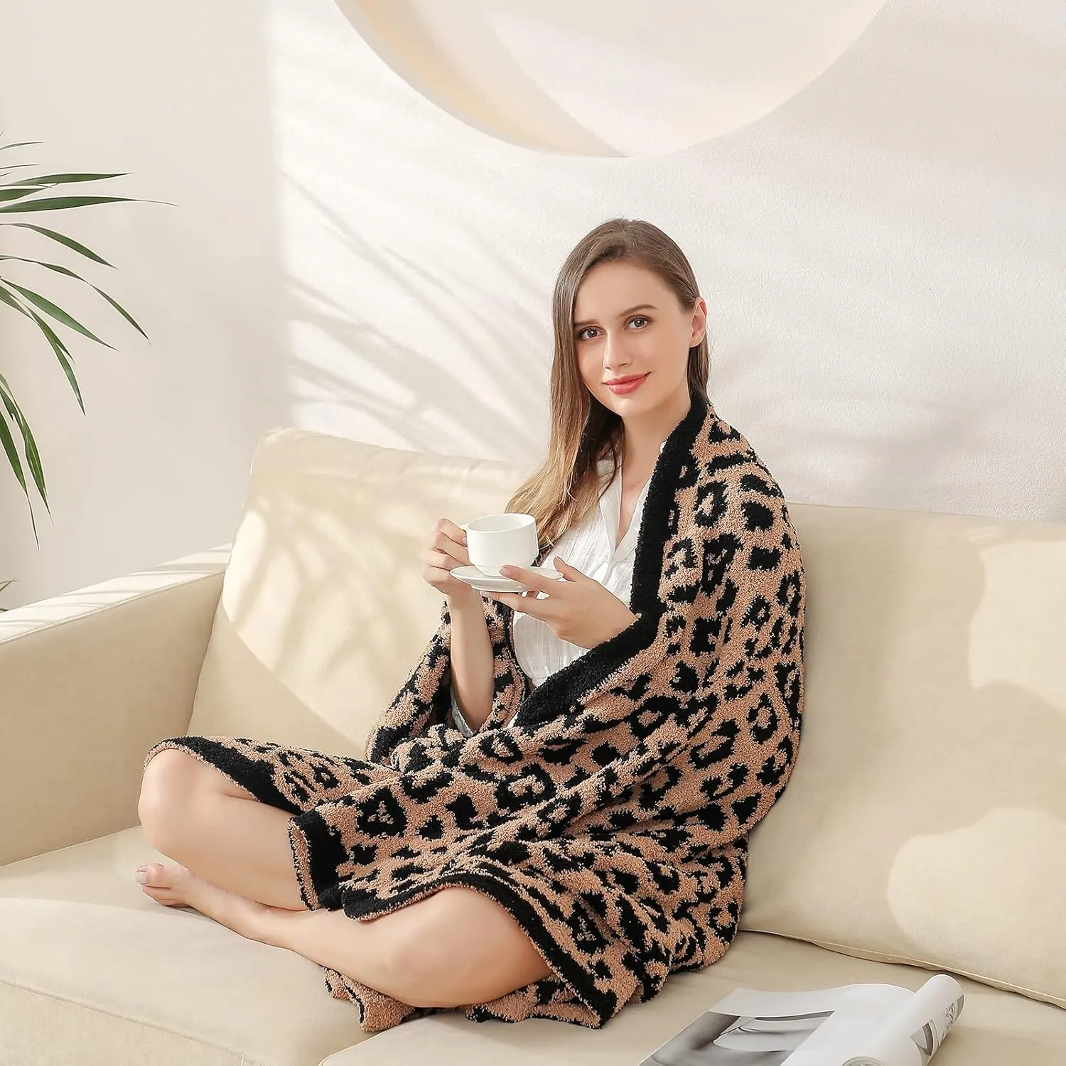 bearberry Fuzzy Leopard Knitted Throw Blanket Soft Cozy Warm Microfiber Blanket for Couch Sofa Bed Travel (Leopard, 50"x60")