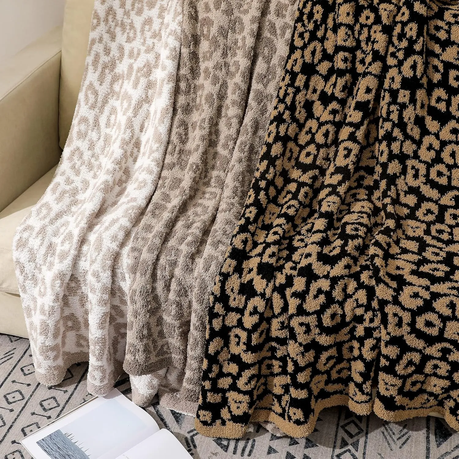 bearberry Fuzzy Leopard Knitted Throw Blanket Soft Cozy Warm Microfiber Blanket for Couch Sofa Bed Travel (Leopard, 50"x60")