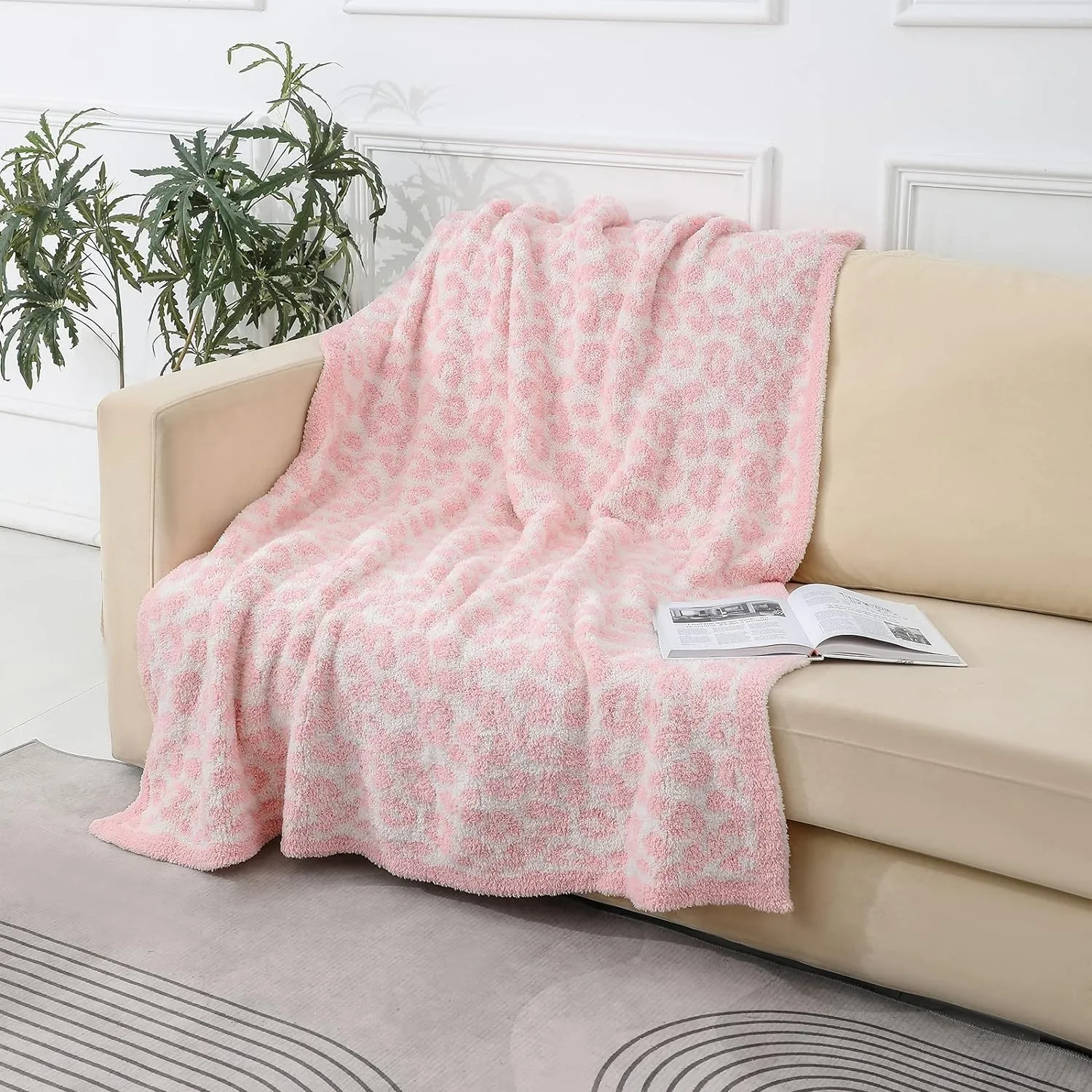 bearberry Fuzzy Leopard Knitted Throw Blanket Soft Cozy Warm Microfiber Blanket for Couch Sofa Bed Travel (Pink/Cream, 50"x60")