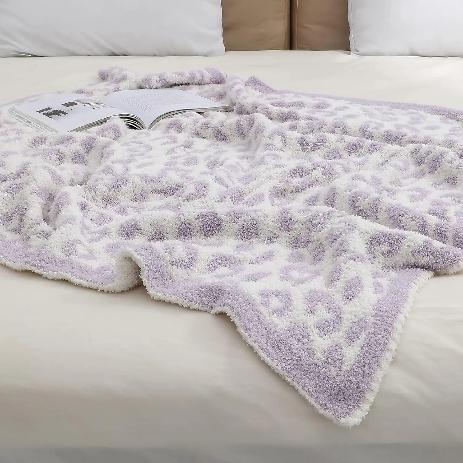 bearberry Fuzzy Leopard Knitted Throw Blanket Soft Cozy Warm Microfiber Blanket for Couch Sofa Bed Travel (Purple/Cream, 50"x60")
