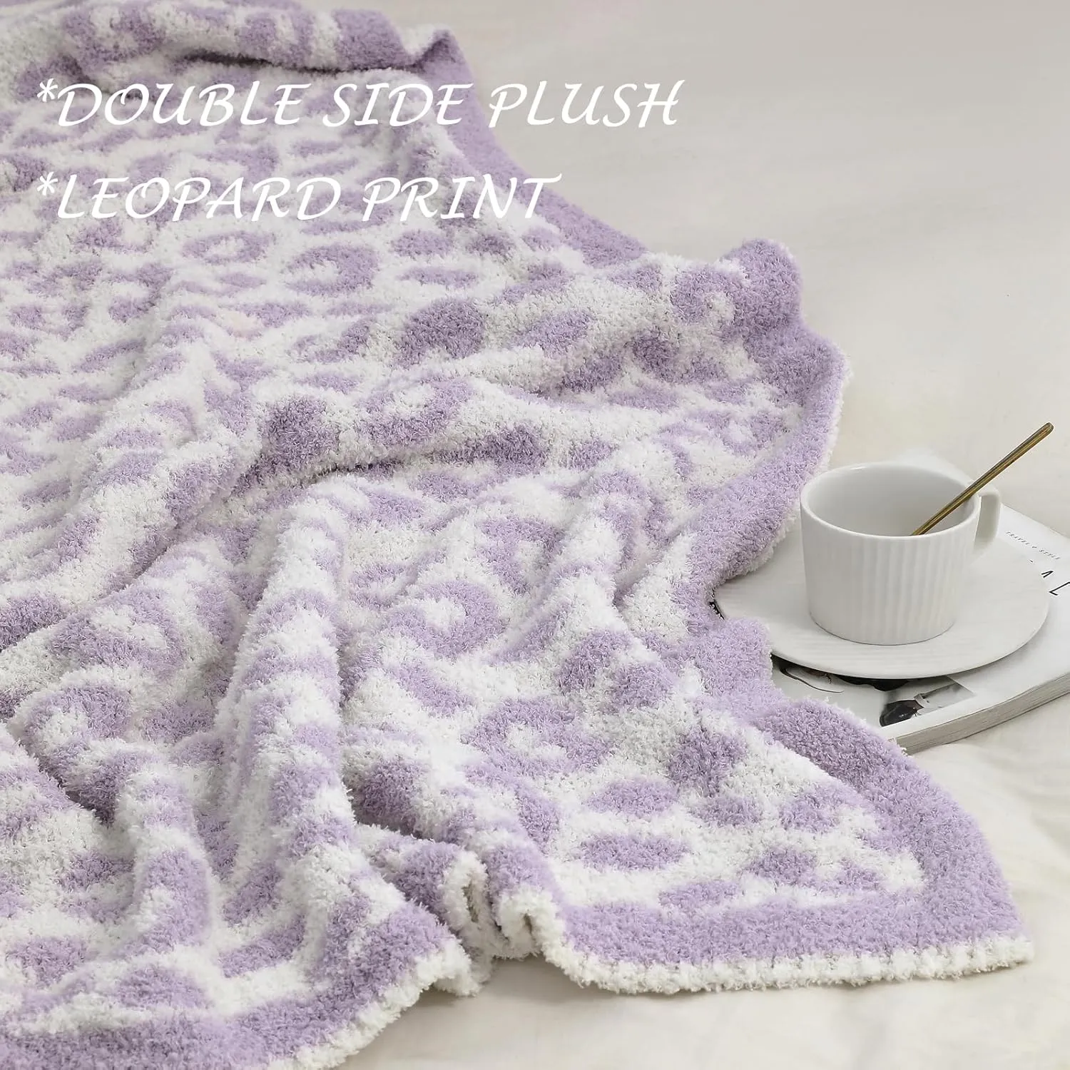 bearberry Fuzzy Leopard Knitted Throw Blanket Soft Cozy Warm Microfiber Blanket for Couch Sofa Bed Travel (Purple/Cream, 50"x60")
